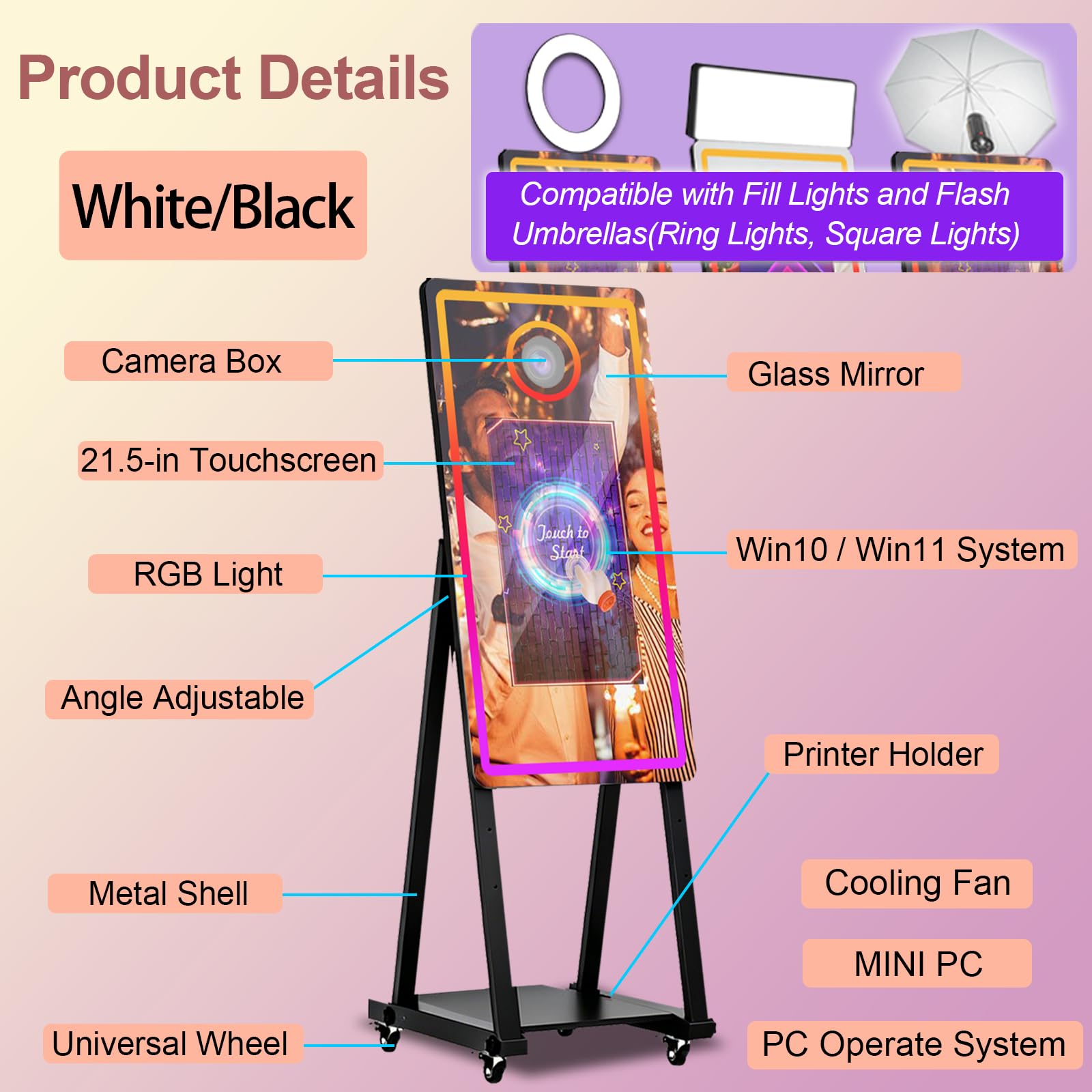 Maszyna do fotobudki fotograficznej z magicznym lustrem 101.6 cm z ekranem dotykowym 55.9 cm i lampą wypełniającą, z futerałem lotniczym, wbudowanym mini PC, sterowanie aplikacją, światło RGB na