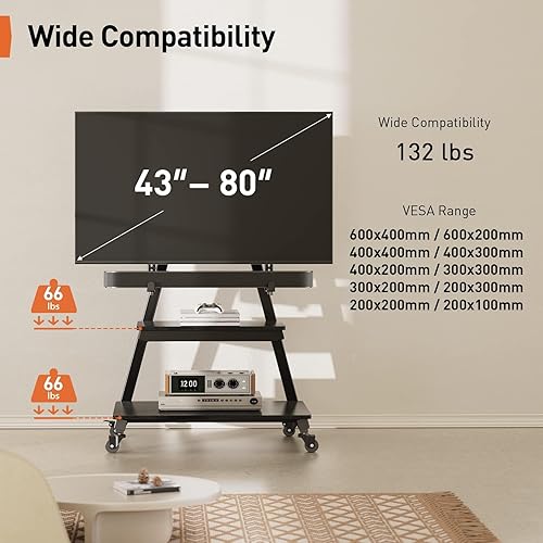 Miniatura 7 de Perlegear Soporte de TV móvil con soporte para barra de sonido, soporte de TV de suelo rodante con ruedas para televisores de 43 a 80 pulgadas de