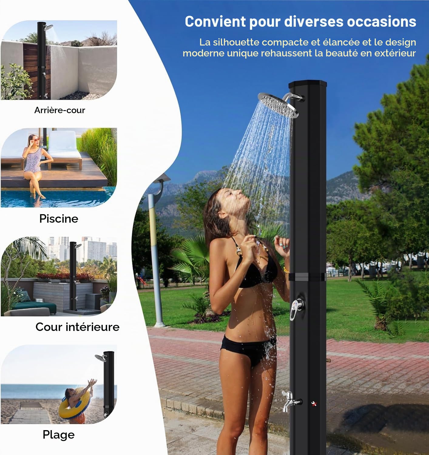 Douche Solaire de Jardin 60 L avec Housse de Protection, Pommeau de Douche à Effet Pluie Réglable, Robinet et Contrôle de Température/Pression - Idéal Douche de Piscine