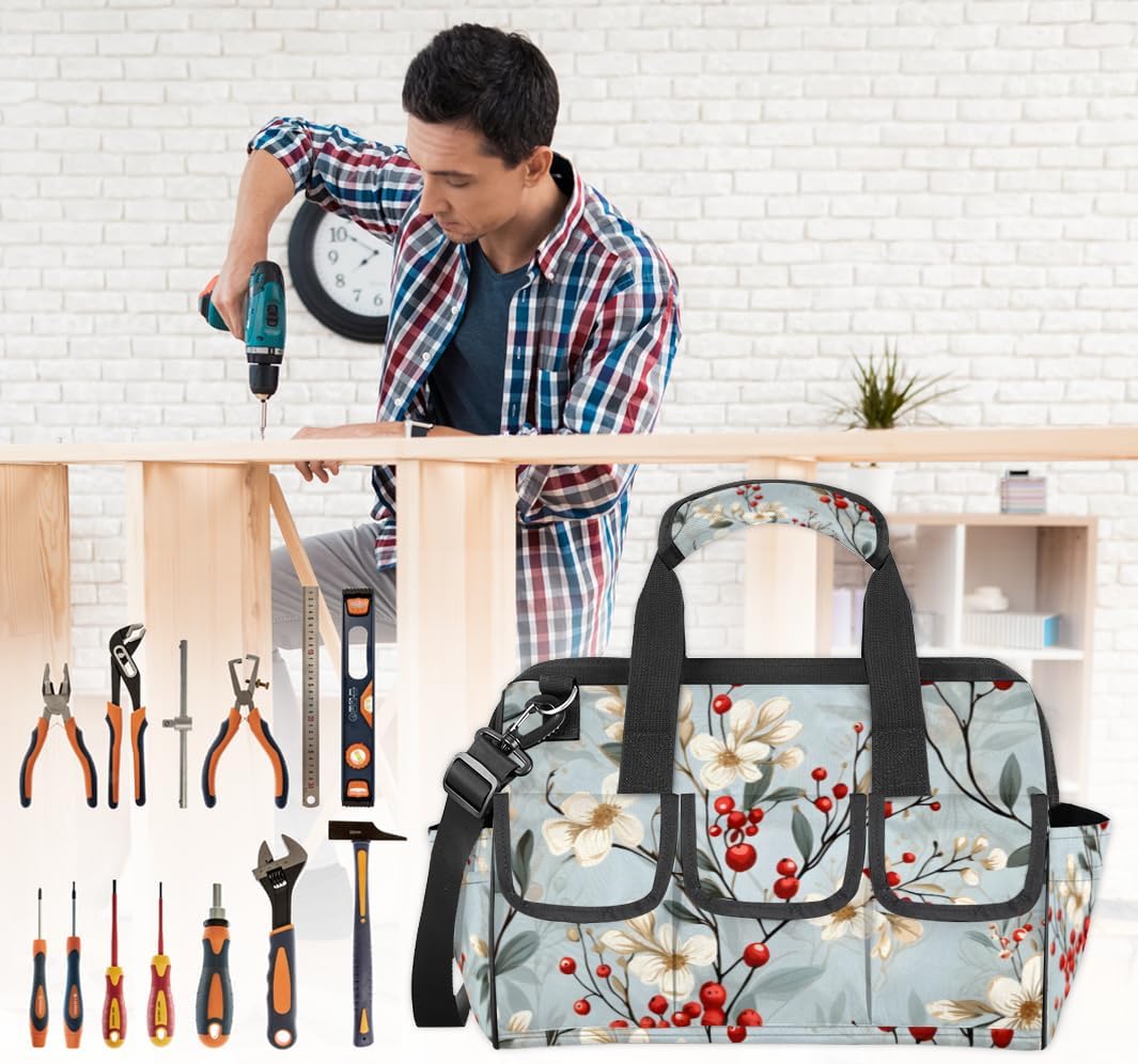 Funny Pretty Flower Tool Bag with Multi-Pockets Wide Mouth Tool Tote Bag for Women and Men Waterproof Tool Organizer Storage Bag with Adjustable Shoulder Strap and Ergonomic Handle