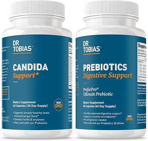 Dr. Tobias Candida Support & Prebiotic Bundle  Desintoxicación de limpieza intestinal, equilibrio de flora y apoyo inmunológico con orégano, ácido
