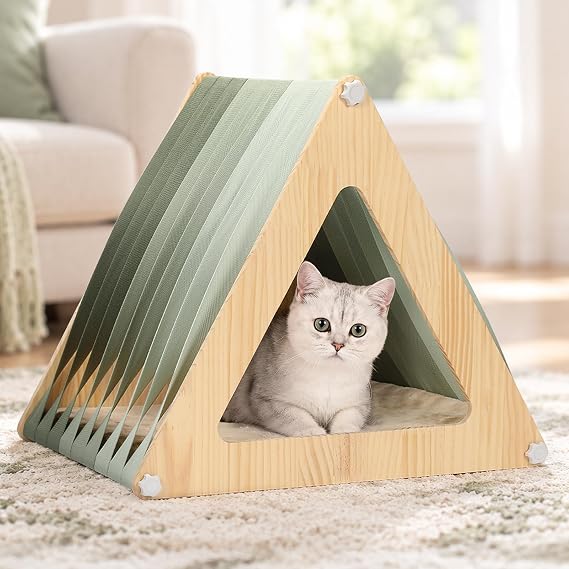 Petsfit Cat Houses for Indoor Cats,Modern Style Wood Cat House with Soft Mat,Portable&Easy Assembly(Triangle)