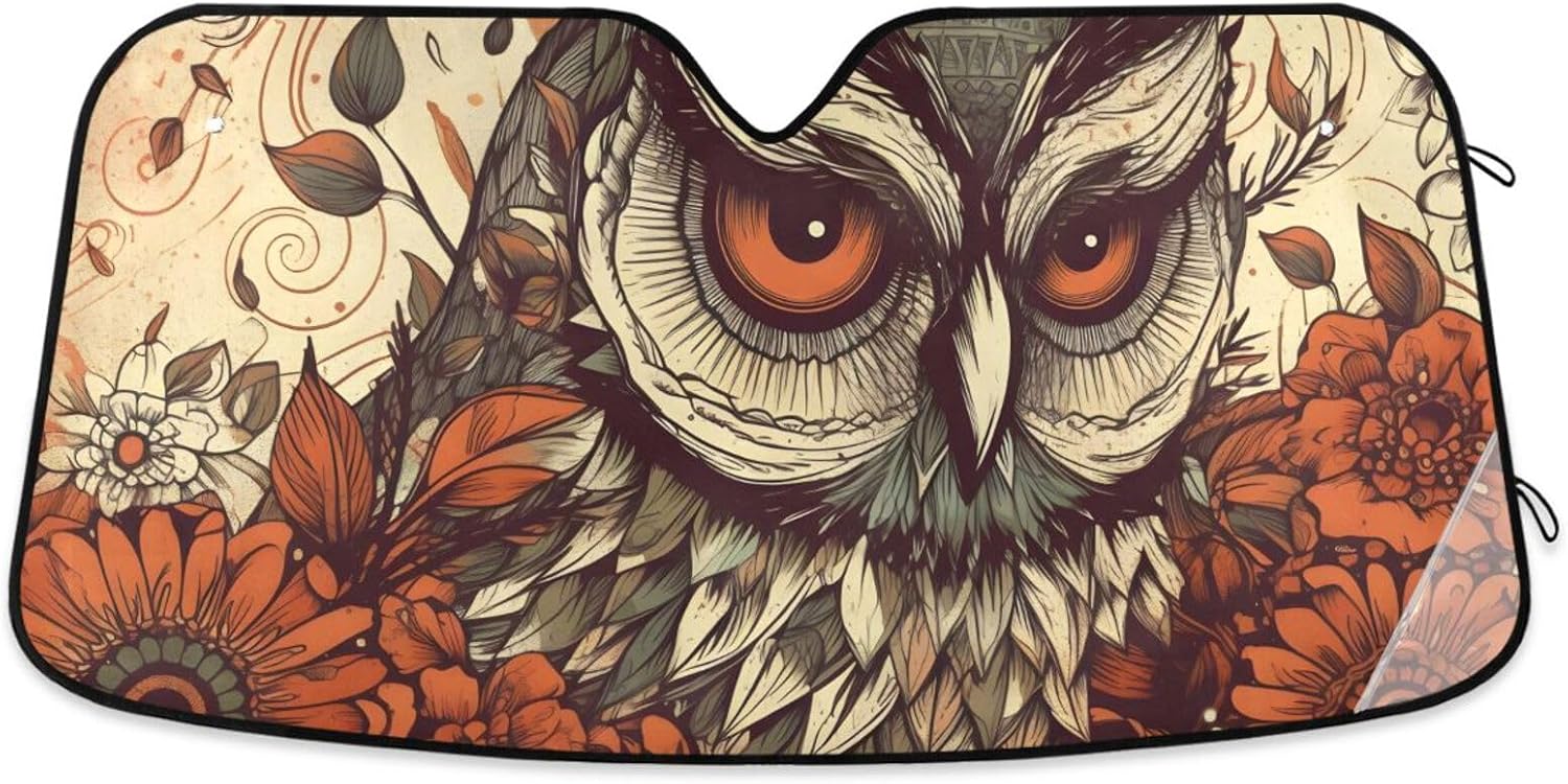 Car Windshield Sun Shade Aluminum foil Layer Reflective Sun Visor for SUV Sedan-Vintage Owl Portrait Print Large Size