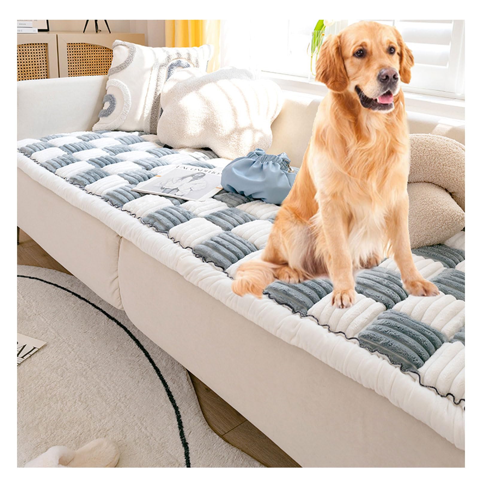 Funnyfuzzy Cream-Coloured Large Plaid Square Pet Mat Bed Couch Cover - Furniture Protector for Dog, Cat - Funny Fuzzy Couch Cover, Blanket Sofa - Mattress Protector โ image 1