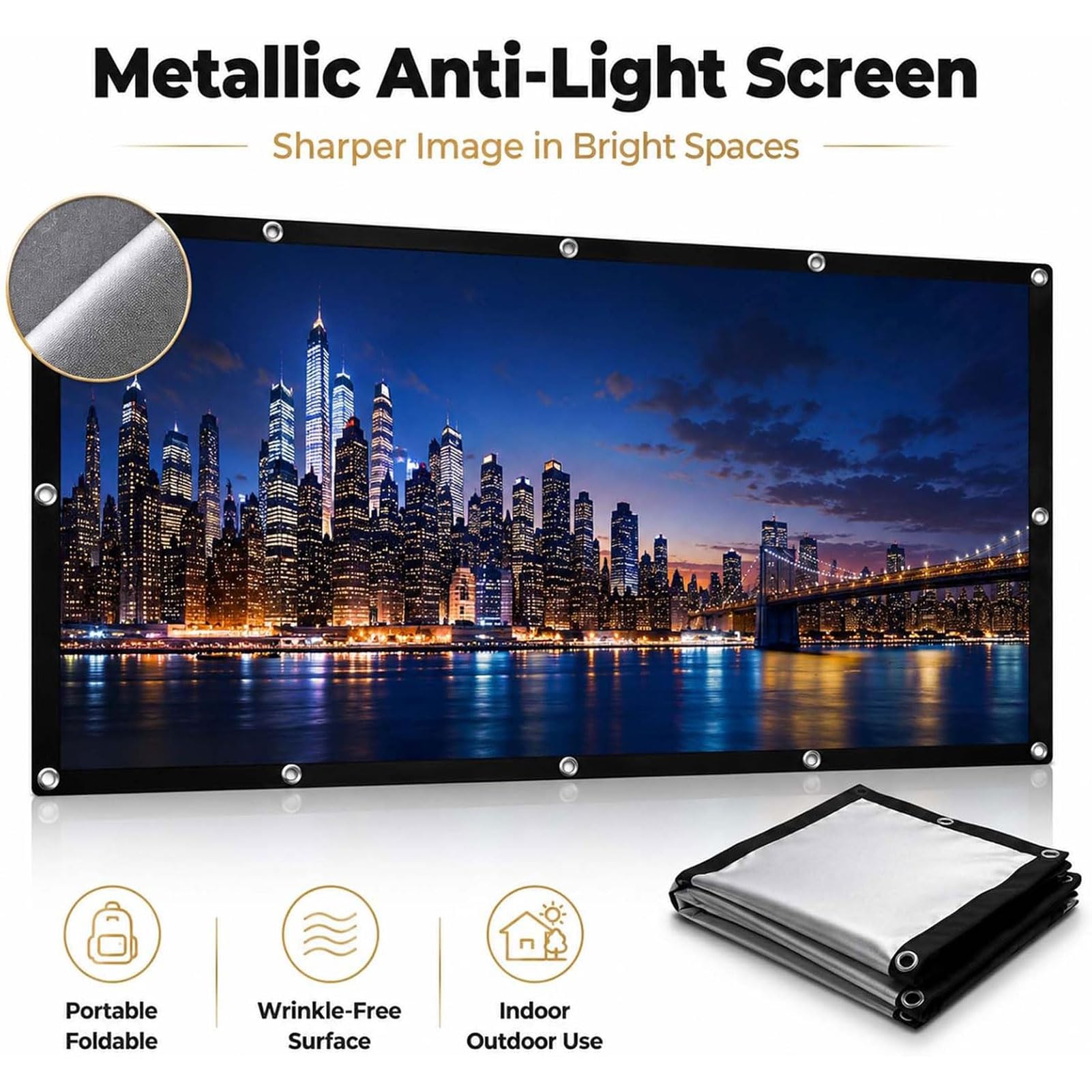 Schermo metallico anti-luce, schermo di proiezione 4K HD 16:9, pieghevole, portatile, per esterni, montaggio a parete, per home theater, ufficio e campeggio (120 pollici)
