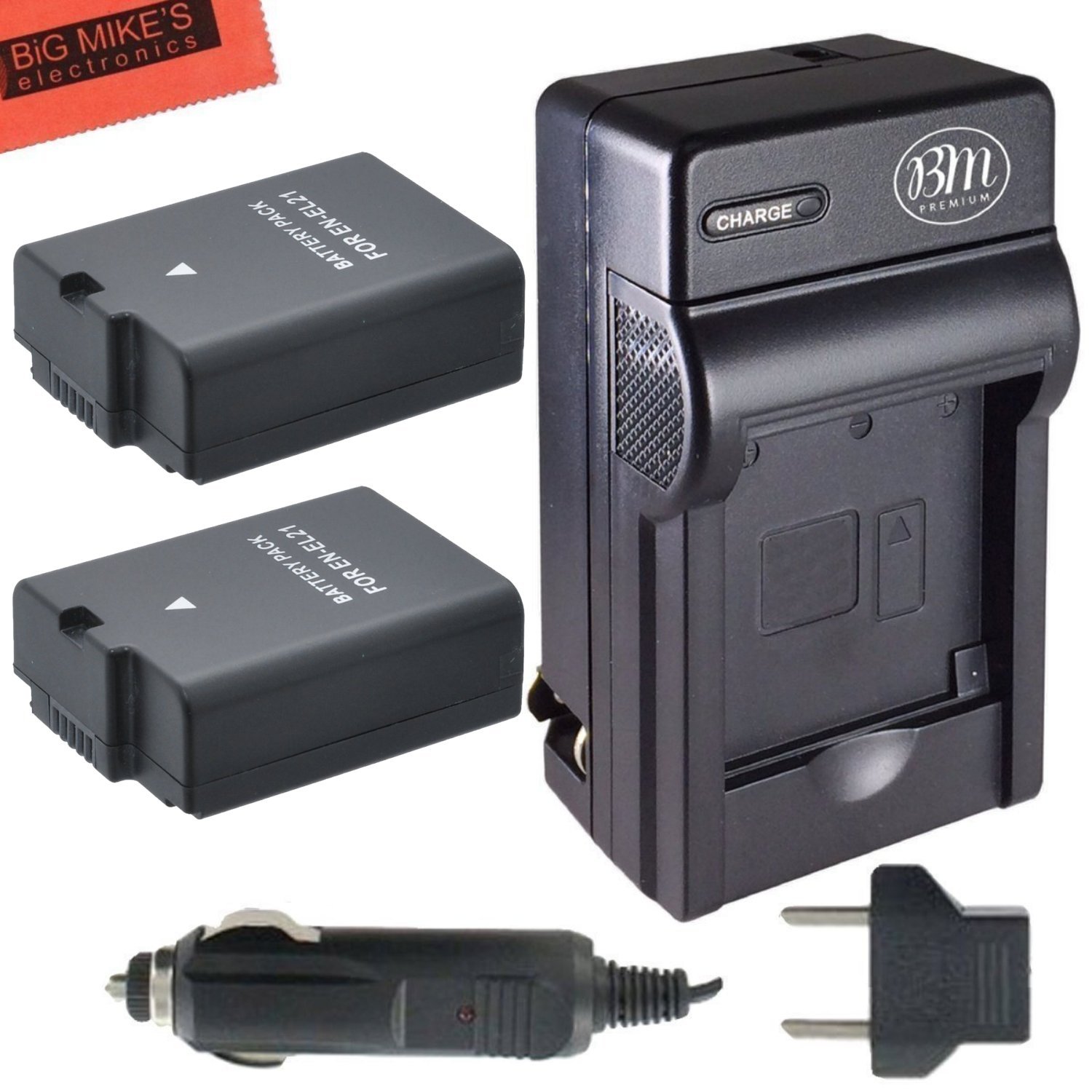 Pack of 2 EN-EL21 Batteries and Battery Charger for Nikon 1 V2 HD Digital Camera + Micro Fiber Cleaning Cloth