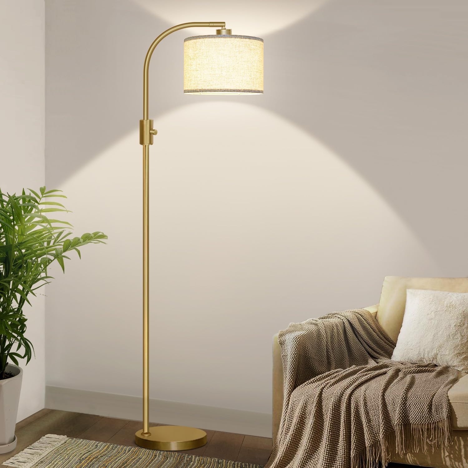 Nintiue Dimmable Gold Floor Lamp, 1200 Lumens LED Bulb Included, Arc Floor Lamps for Living Room Modern Standing Lamp with Linen Shade, Tall Lamp for Living Room Bedroom Office Reading Room Nursery