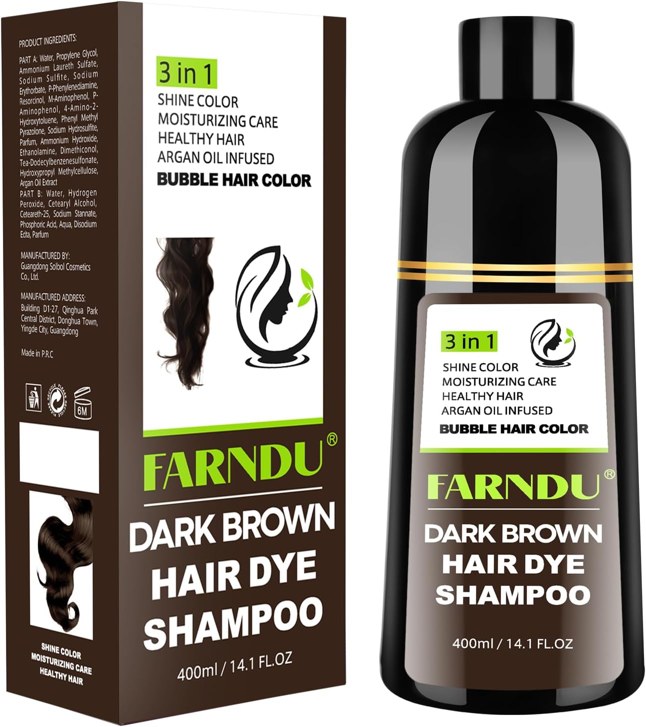 Farndu Dark Brown Hair Dye Shampoo for Women Men, 3 in 1 Hair Color Shampoo Dye for Grey Hair Coverage Champu Para Canas Mujer