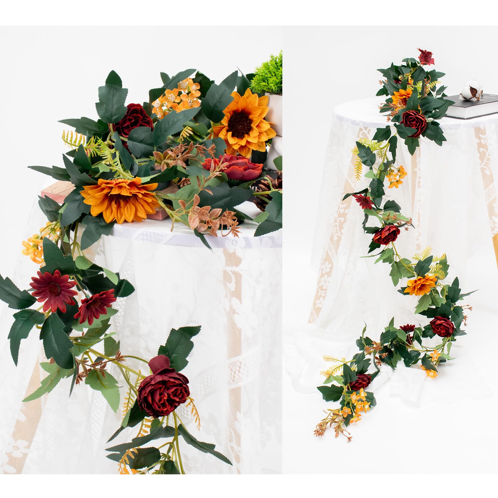 MAKHOT Künstliche Eukalyptus-Girlande mit Blumen, künstliche Rose, Schleierkraut, Rosengirlande, Dekoration, Blumengirlande, grüne Girlande für Hochzeit, Zuhause, Tischdekoration, Weiß, 3,5 m, 2 Stück