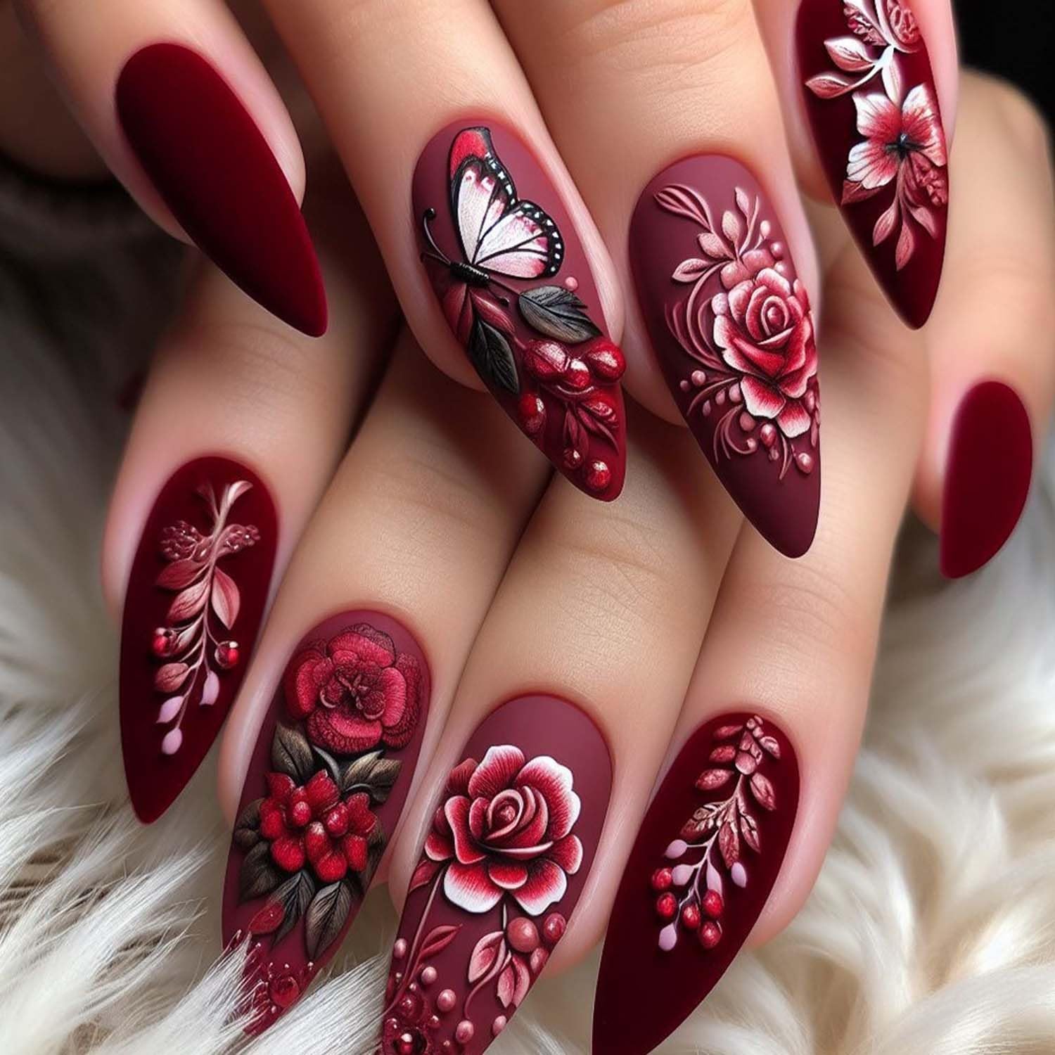 Red Press on Nails Almond 24pcs Camellia Matte Fake Nails Retro Embossed Butterfly Designs Acrylic Nails Red Rose Flower Branch Fruit False Nails