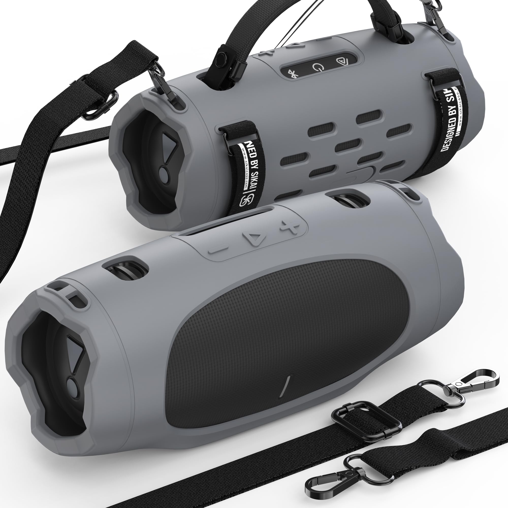 SIKAI CASE Portable Speaker Mount Compatible with JBL Charge 6, Silicone Case with Adjustable Strap&Detachable Shoulder Strap Travel Case for Bike/ATV/Golf Cart/Boat Railing, Case Only (Gray)