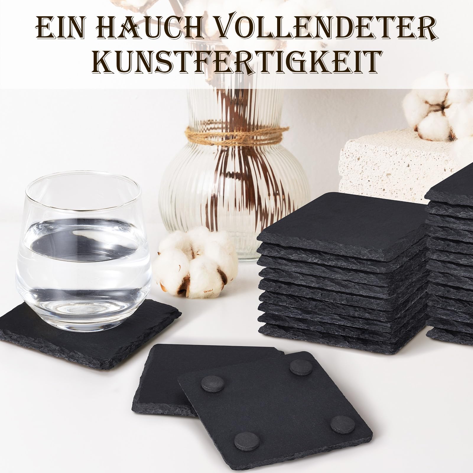 60 Stück Schiefer-Getränkeuntersetzer, GOH DODD 4 Zoll Schwarze Steinuntersetzer Set, Lasergravierte Blanko-Untersetzer mit Anti-Kratz-Boden für Zuhause, Büro, Küche, Wohnung, Bar, Quadrat