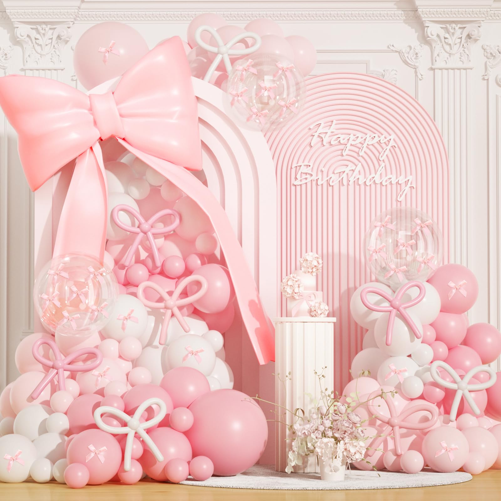 141Pcs Pink Bow Balloon Arch Kit, Coquette Birthday Decorations for Bow Themed Coquette Birthday Tea Ribbon Bachelorette Party Decorations