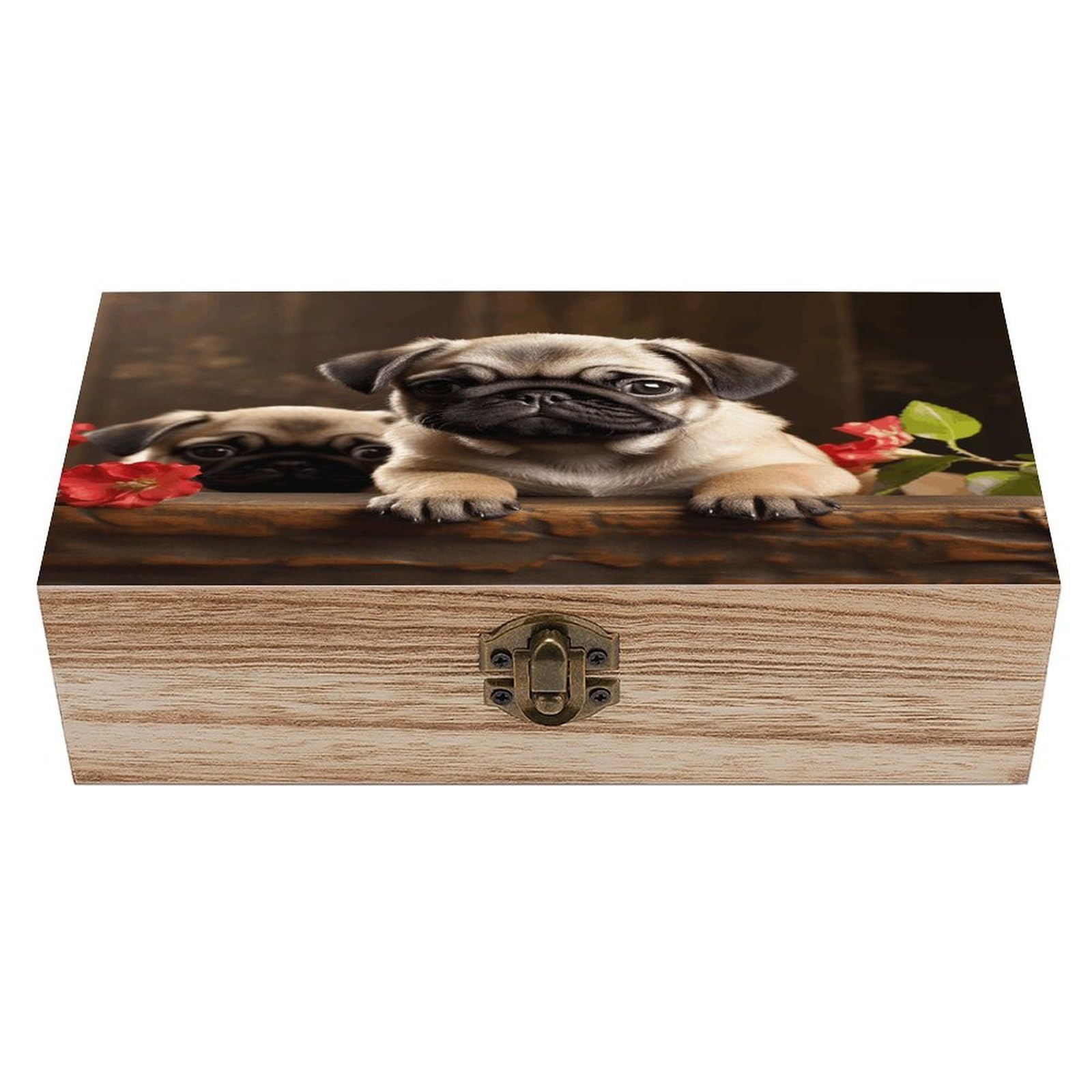 VstaDank Puppys Pug Wooden Storage Box Wooden Keepsake Box with Hinged Lid Exquisite Solid Wood Decorative Jewelry Case Memory Box for Jewelry Photos Letters Crafts Trinkets