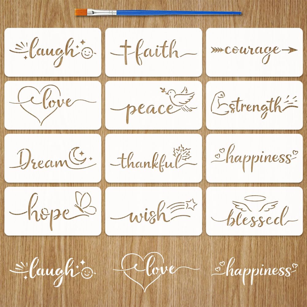FINGERINSPIRE 12PCS Words Pattern Painting Stencils with 1Pc Plastic Brush 20x10cm Faith Words Stencils Love Hearts Stencil Laugh Word Stencil Plastic Text Tempplate for Painting on Wood Wall