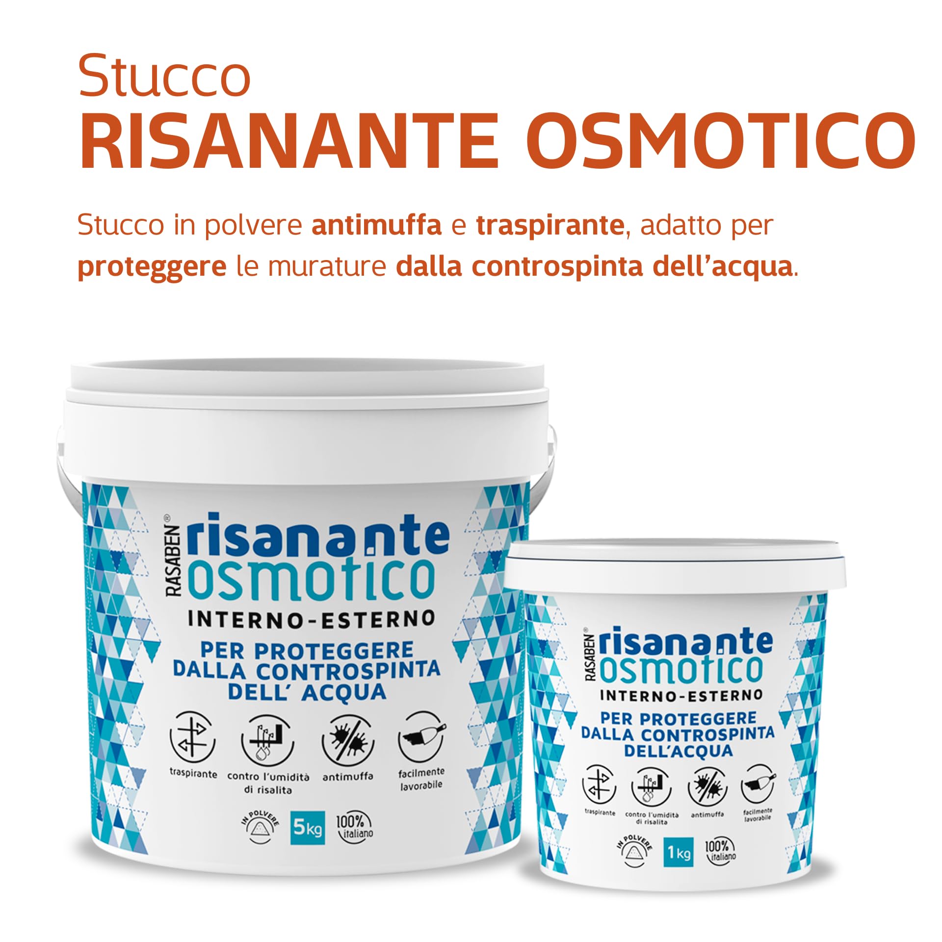 RASABEN -Risanante Osmotico, Stucco in Polvere per Risanamento di Murature Umide e Impermeabilizzare Pareti e Pavimenti, Antimuffa e Traspirante, Uso Esterno e Interno, Made in Italy, Barattolo da 5kg