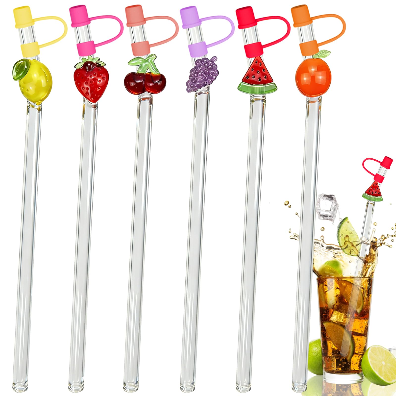 6 Set Glass Straws with Straw Lid, Reusable Drinking Straws, Clear Glass Straw with Cute Fruit for Smoothie Milk Coffee Water Juice Cocktail