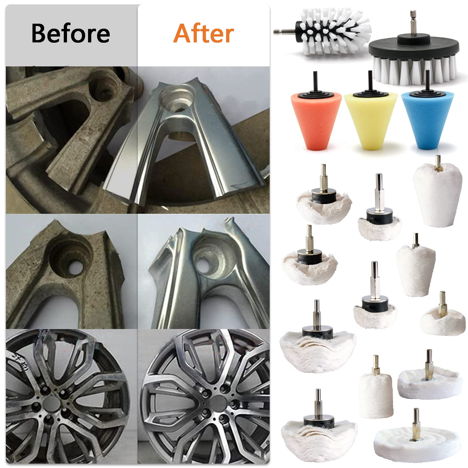 Juego de 17 ruedas pulidoras para taladro para metal de aluminio, acero inoxidable, cromo, madera, plástico, vidrio, cerámica, madera, tela, algodón, joyería, etc