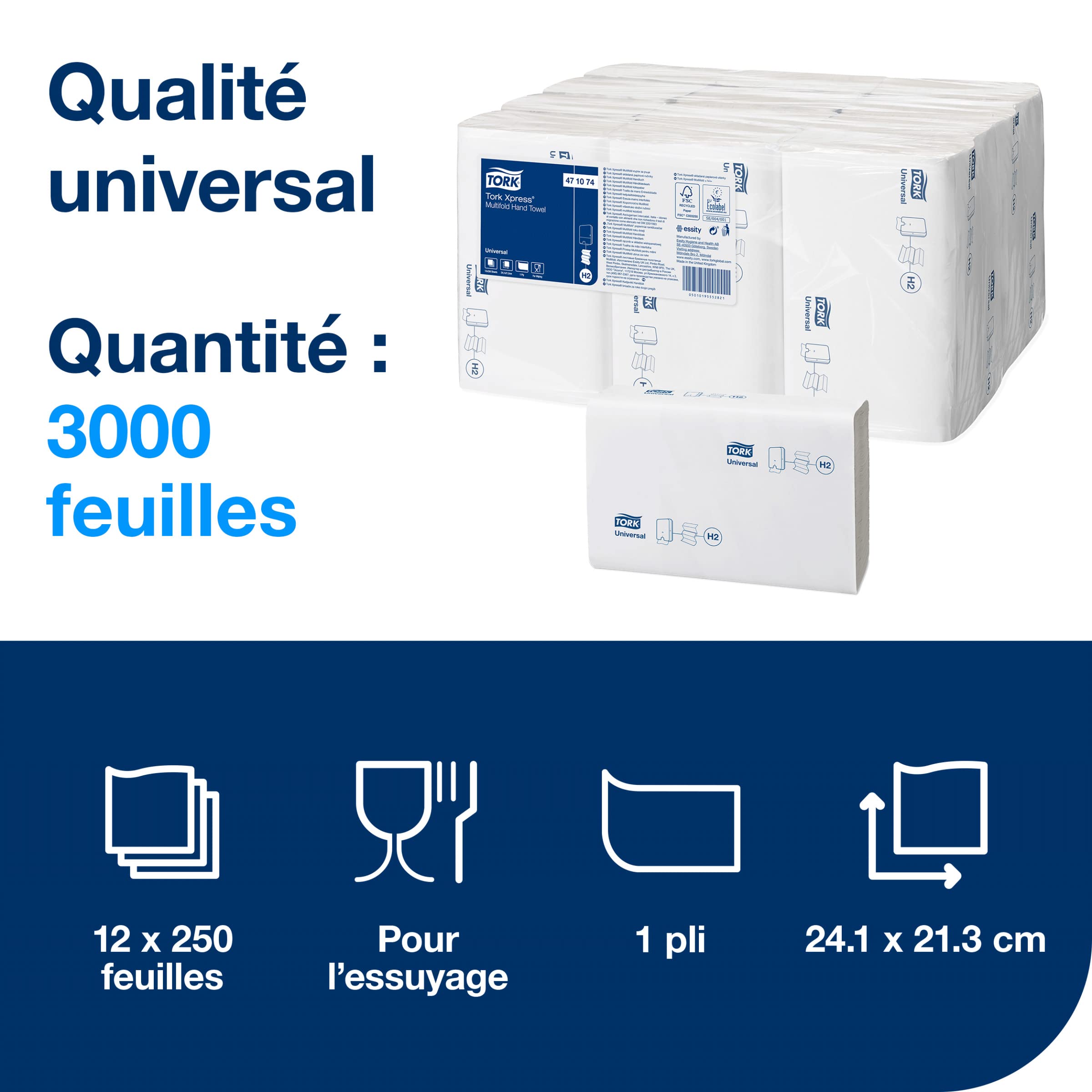Tork Xpress Essuie-mains interfoliés - 471074 - Papiers d'essuyage pliés en Z, qualité Universal pour Distributeur H2 - Essuie-mains en papier, 1 pli, blanc - 12 x 250 feuilles