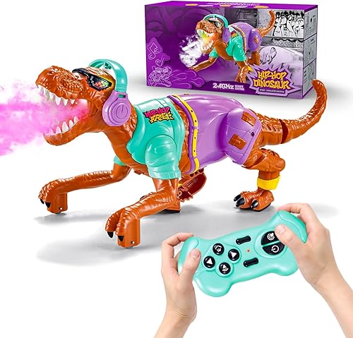 Juguetes de dinosaurio a control remoto para niños de 3, 4, 5, 6, 7, dinosaurio realista a control remoto con música, rocío, luz, rugidos, gran