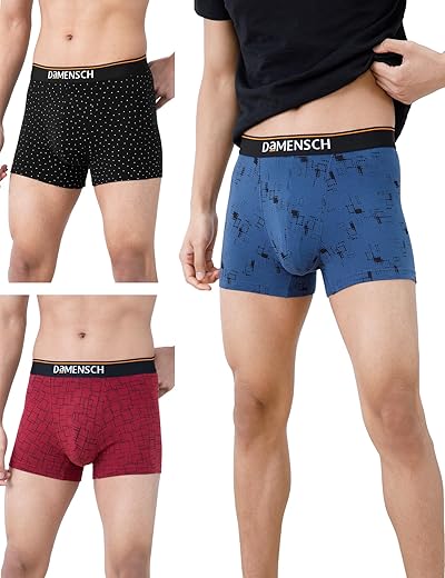 DAMENSCH Regular Fit Printed Cotton Blend Trunk Underwear Anti-Bacterial Moisture Wicking Breathable Microfibre Waistband Deo-Cotton Trunks for Men