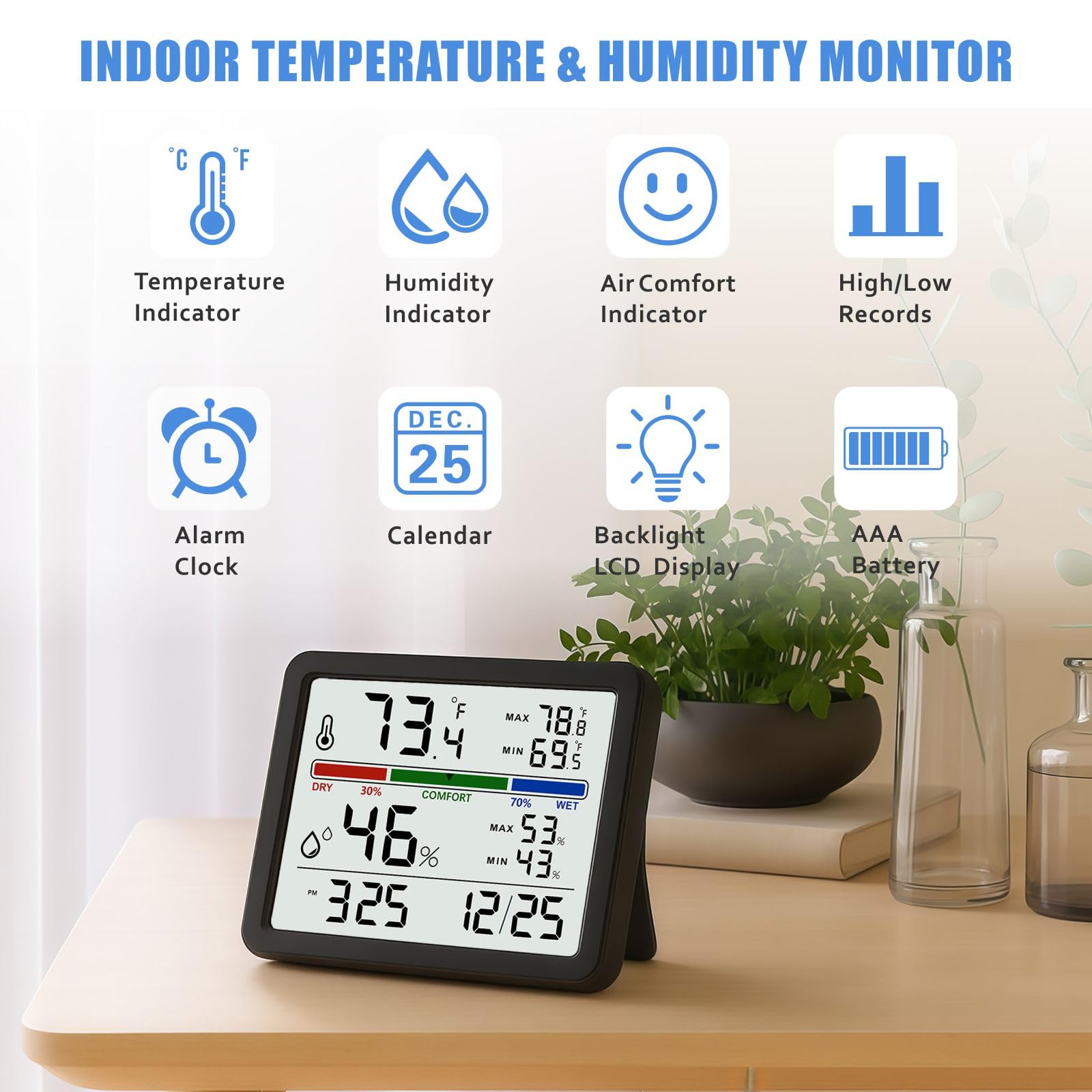 Digital Thermometer Hygrometer, Plumeet Indoor Wall Thermometer with Backlight, Digital Alarm Clock, Date, Air Comfort Indicator, Max Min Record, Desktop Thermometer for Home, Black - 3