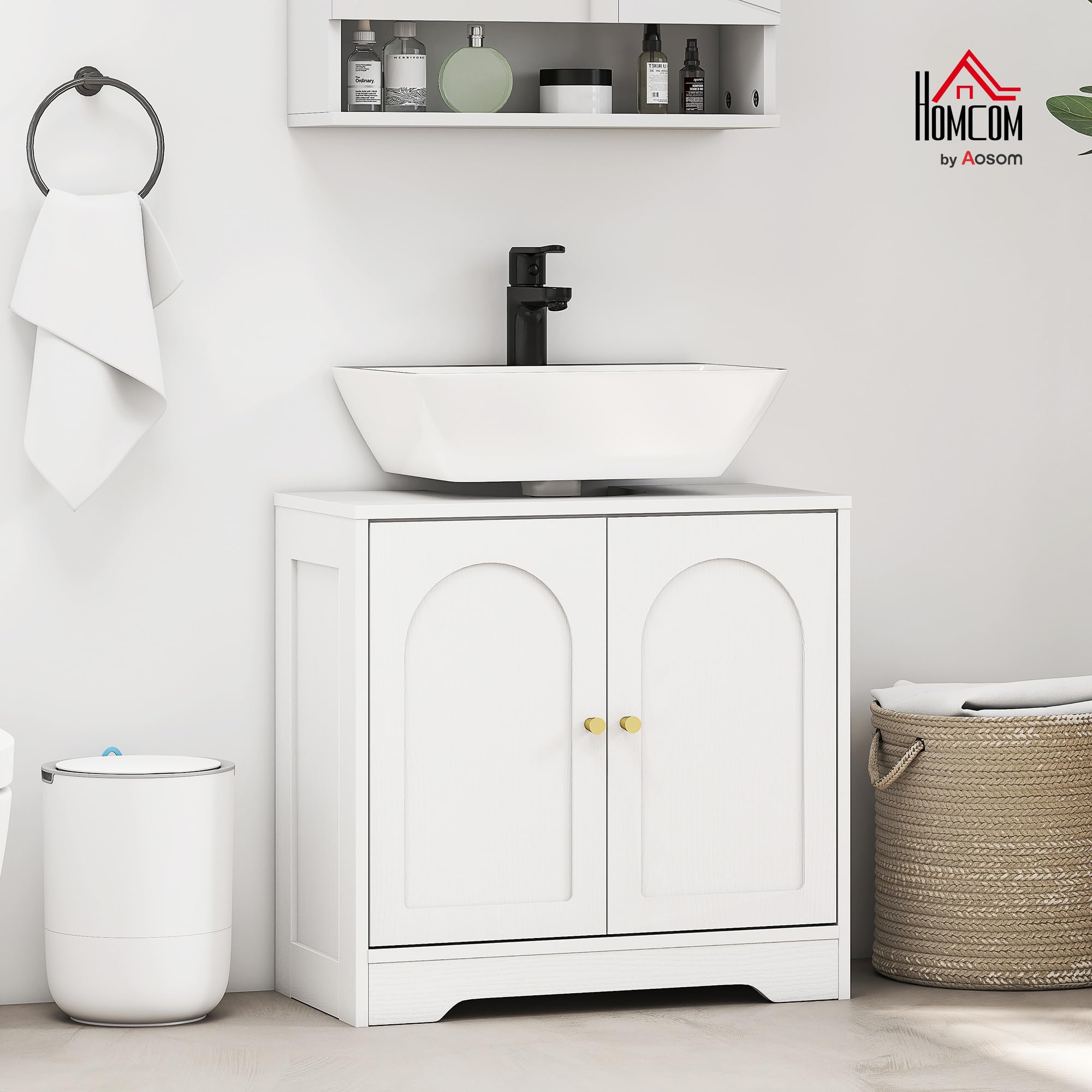 HOMCOM Meuble sous lavabo avec/sans Pédestal Socle 60 x 30 x 65 cm Blanc | Salle de Bain, Meuble sous Vasque, Armoire de Rangement pour Lavabo, Placard à Portes, Étagère Réglable, pour Bassin