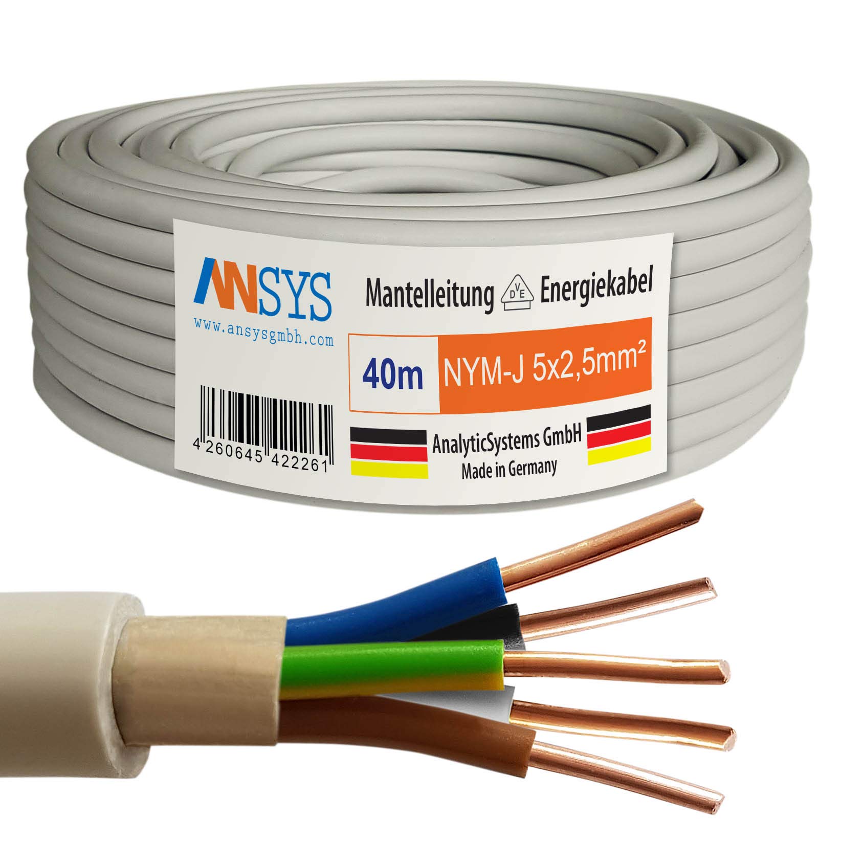 40m NYM-J 5x2,5 mm² Mantelleitung Feuchtraumkabel Elektrokabel Kupfer Made in Germany