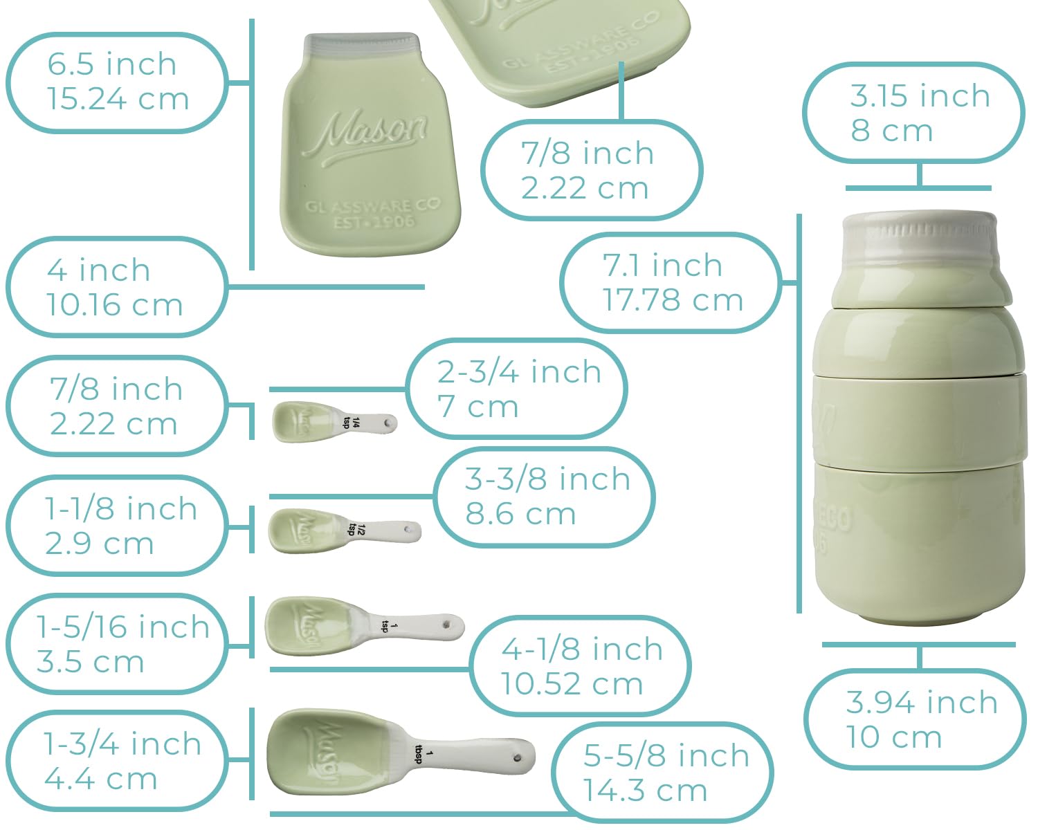 Comfify Zestaw przyborów kuchennych w stylu vintage, wieloczęściowy zestaw do kuchni ceramicznej z 4 miarkami, 4 łyżkami pomiarowymi i podpórką pod łyżkę - atrakcyjny styl vintage, wytłaczana ceramika Acqua Blue