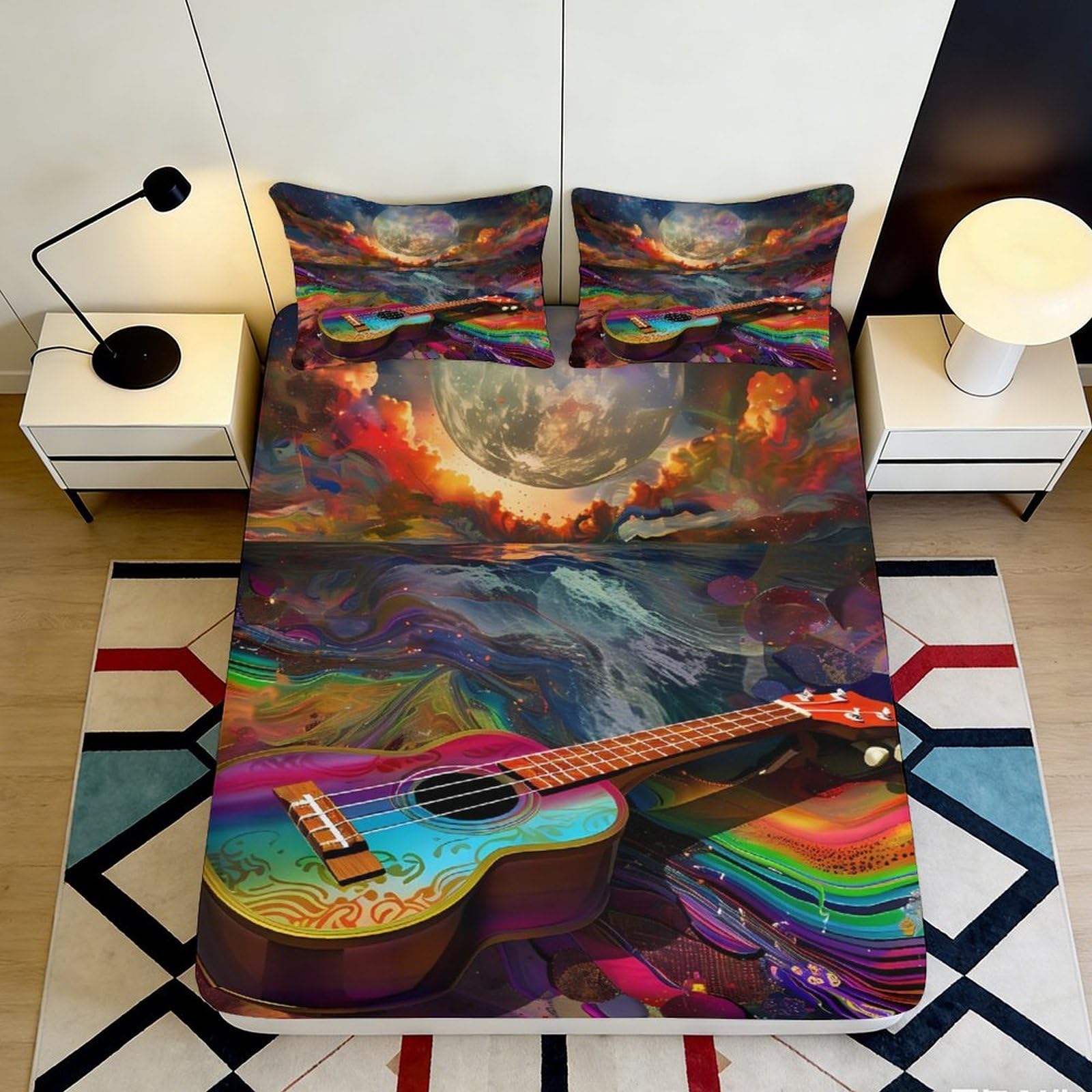 3D Printed Sunset Ocean Fitted Sheet Microfiber Artistic Guitar Mattress Cover Bedroom Decor Easy Care 90x200x25cm
