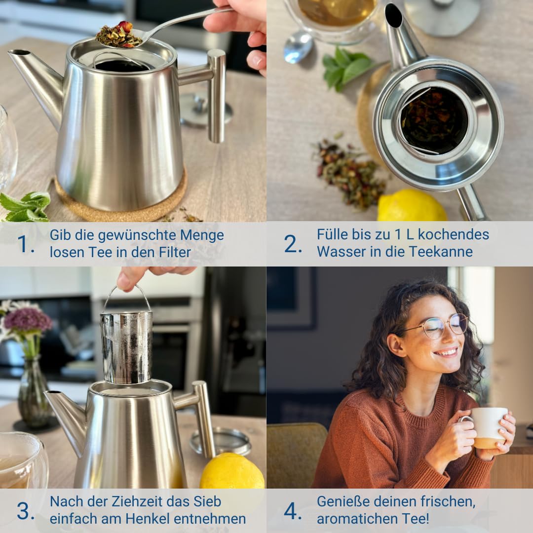 Teekanne mit Siebeinsatz 1 Liter I Edelstahl gebürstet I Warmhalte-Funktion I incl. Korkuntersetzer I Hochwertiger Teebereiter Doppelwandig I Perfekt für losen Tee, Ingwer & Kräuteraufgüsse