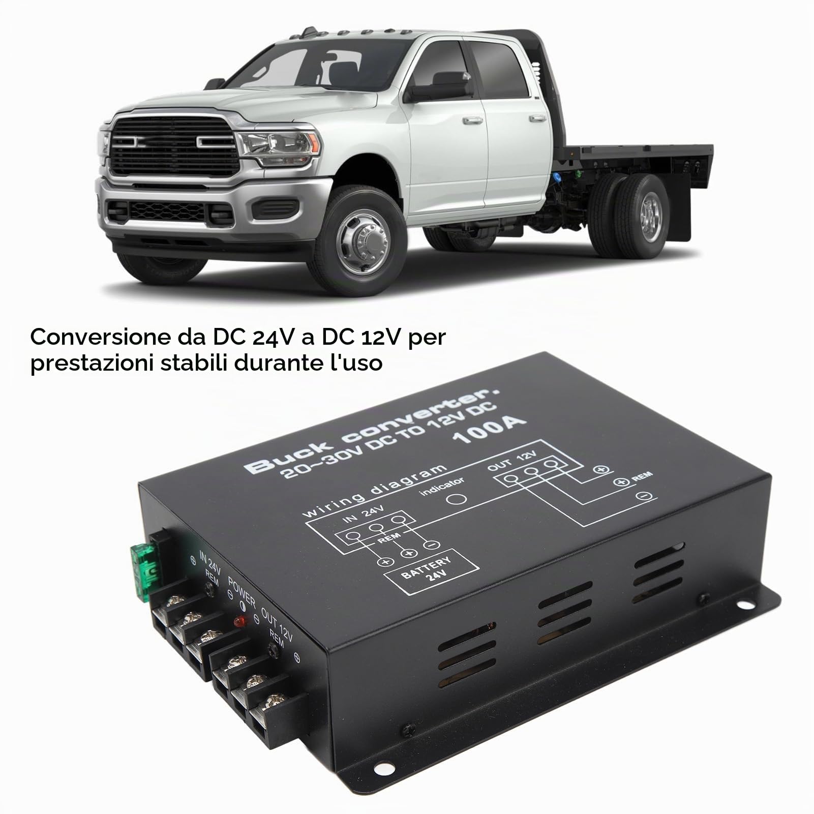 Convertitore di Alimentazione per Auto Nero, Riduttore di Tensione CC in Lega di Alluminio 100A Protezione da Sovratemperatura Ad Alta Resistenza Convertitore CC da 24 V a 12 V