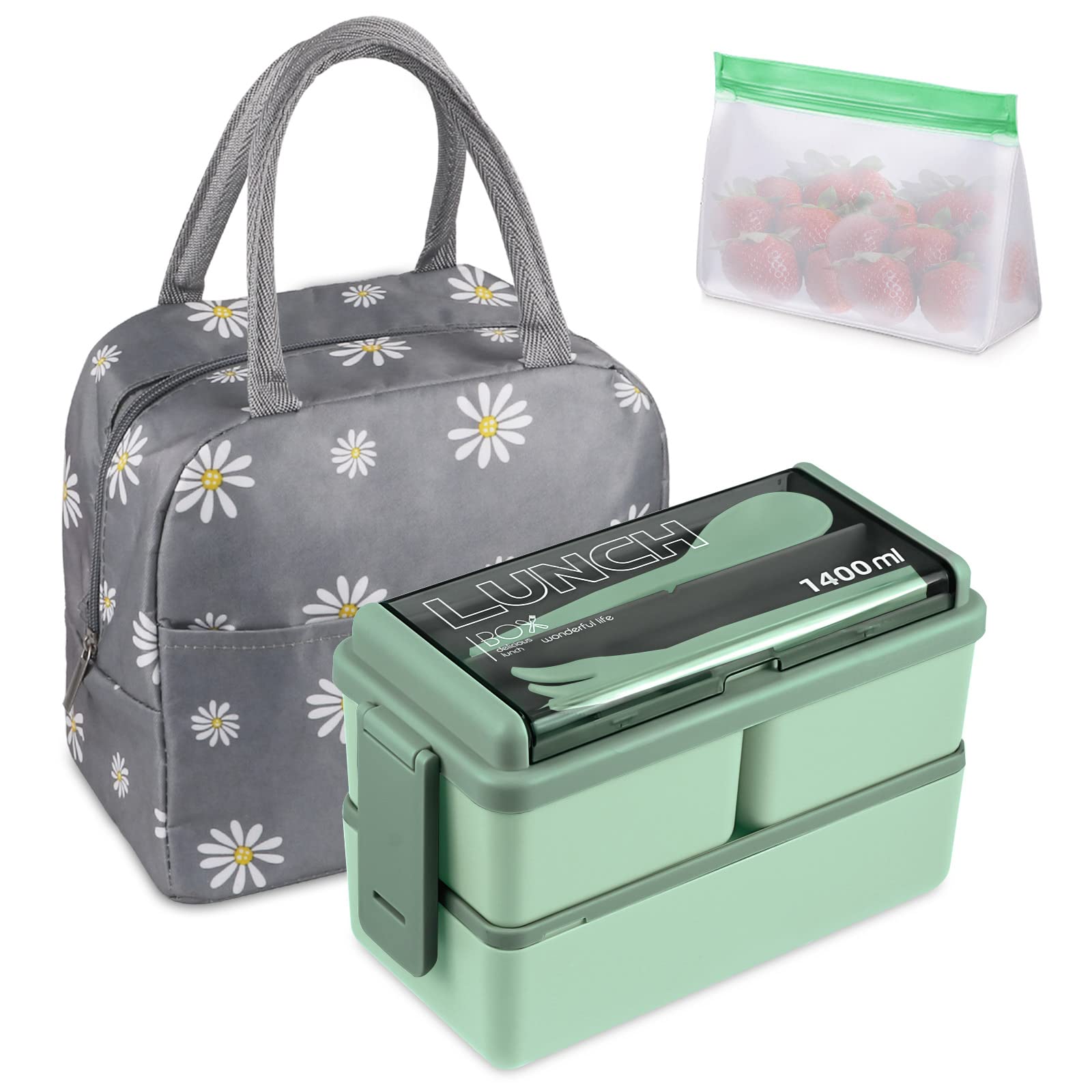 Portapranzo 1200ml Portapranzo Bento Box Adulti 1200 Ml - 3 Scomparti, A Prova Di Perdite, Con Utensili, Senza BPA, Colore Cachi Contenitore Per Microonde Senza BPA