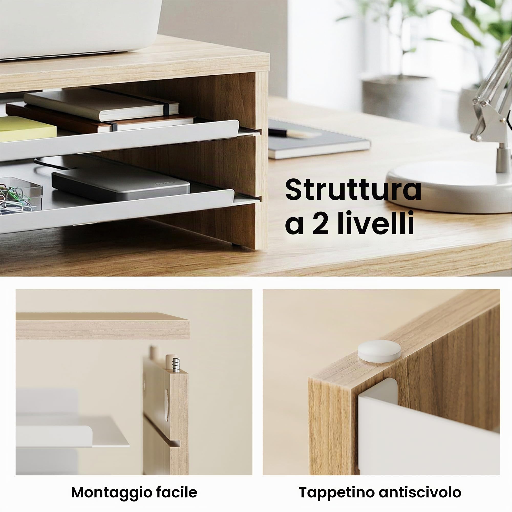 Fenge Supporto Monitor Scrivania, Rialzo per Monitor con 2 Vassoi, Legno e Metallo, Organizer da Scrivania per Casa e Ufficio, Computer, Laptop, Stampante, Telefono, TV, 36,4x23,5x13,4 cm (Rovere)