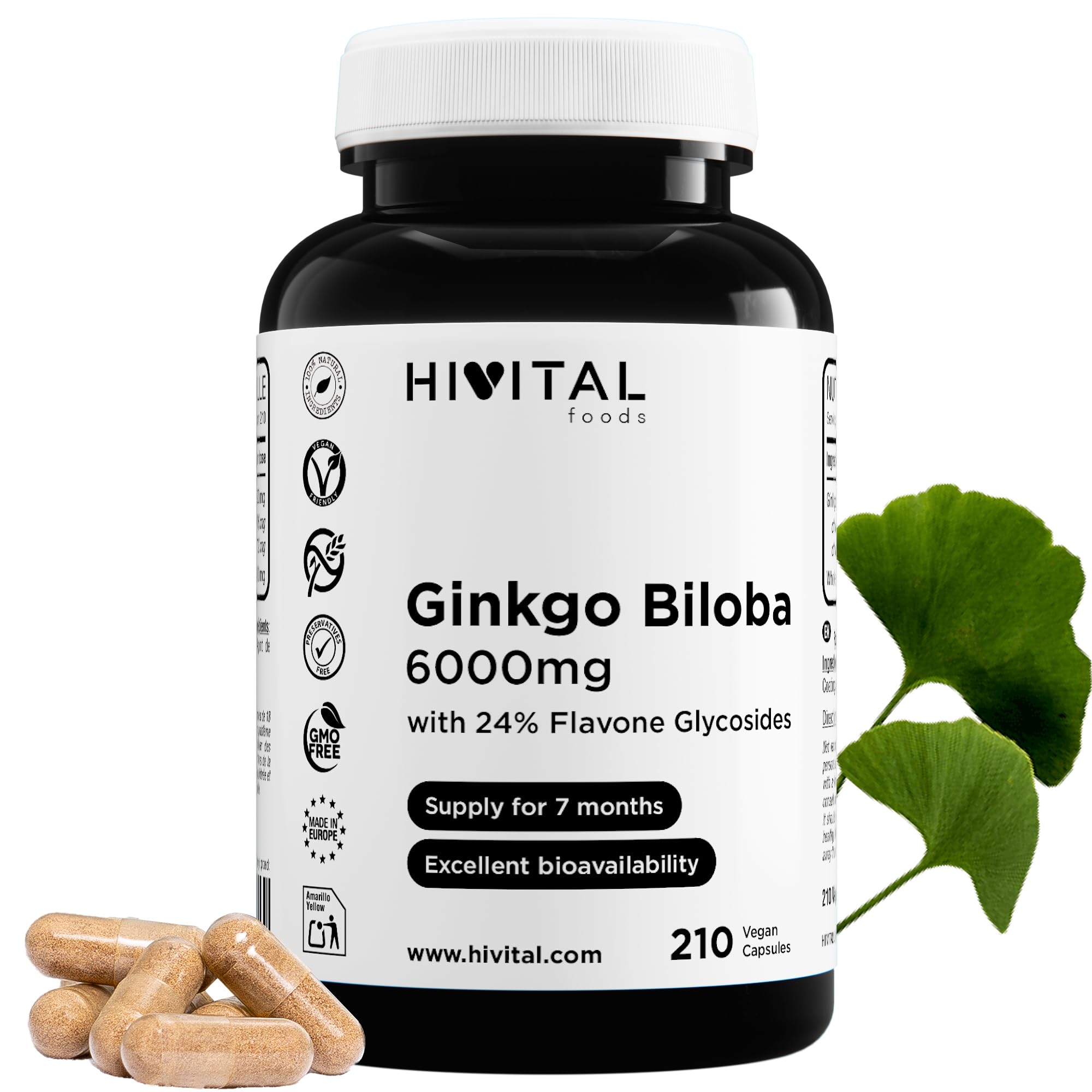 Ginkgo Biloba 6000 mg. 210 capsule vegane per 7 mesi di trattamento. Il miglior estratto naturale concentrato 50:1 con il 24% di flavonoidi e il 6% di terpeni. Prodotto in Europa da HIVITAL