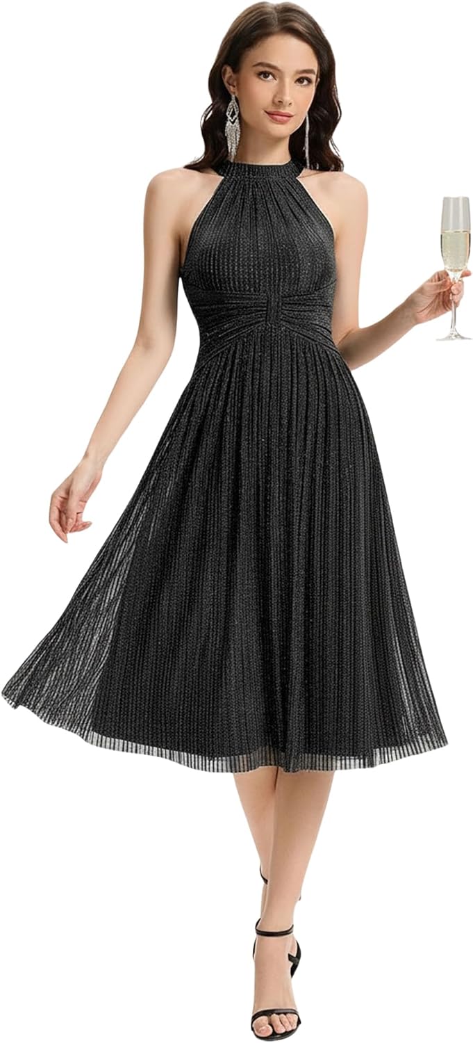Ever-Pretty Women's Glitter Halter Cocktail Dresses Sleeveless Pleated Midi Semi Formal Dress 41962