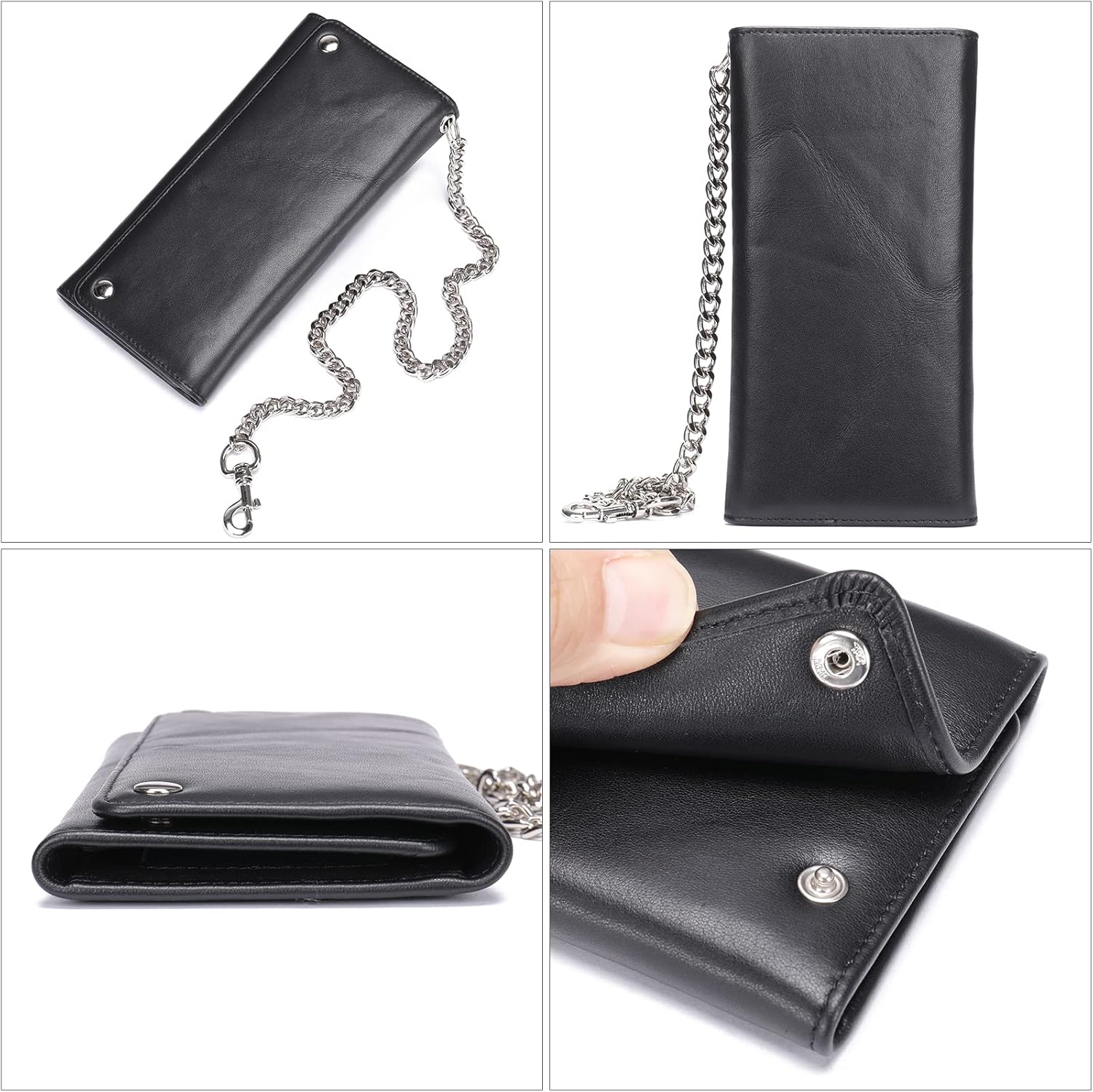 NIUCUNZH Mens Genuine Leather Chain Wallet: Biker Trucker Long Trifold wallet Heavy Duty Black