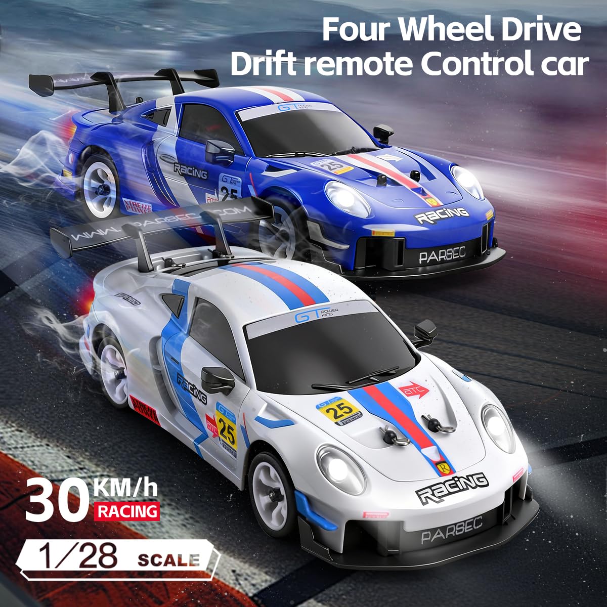 Auto da rally radiocomandata, scala 1:28, 2,4 GHz, 4WD, auto da corsa RC ad alta velocità (30 km/h), con illuminazione a LED, giroscopio e sospensione singola (bianco)