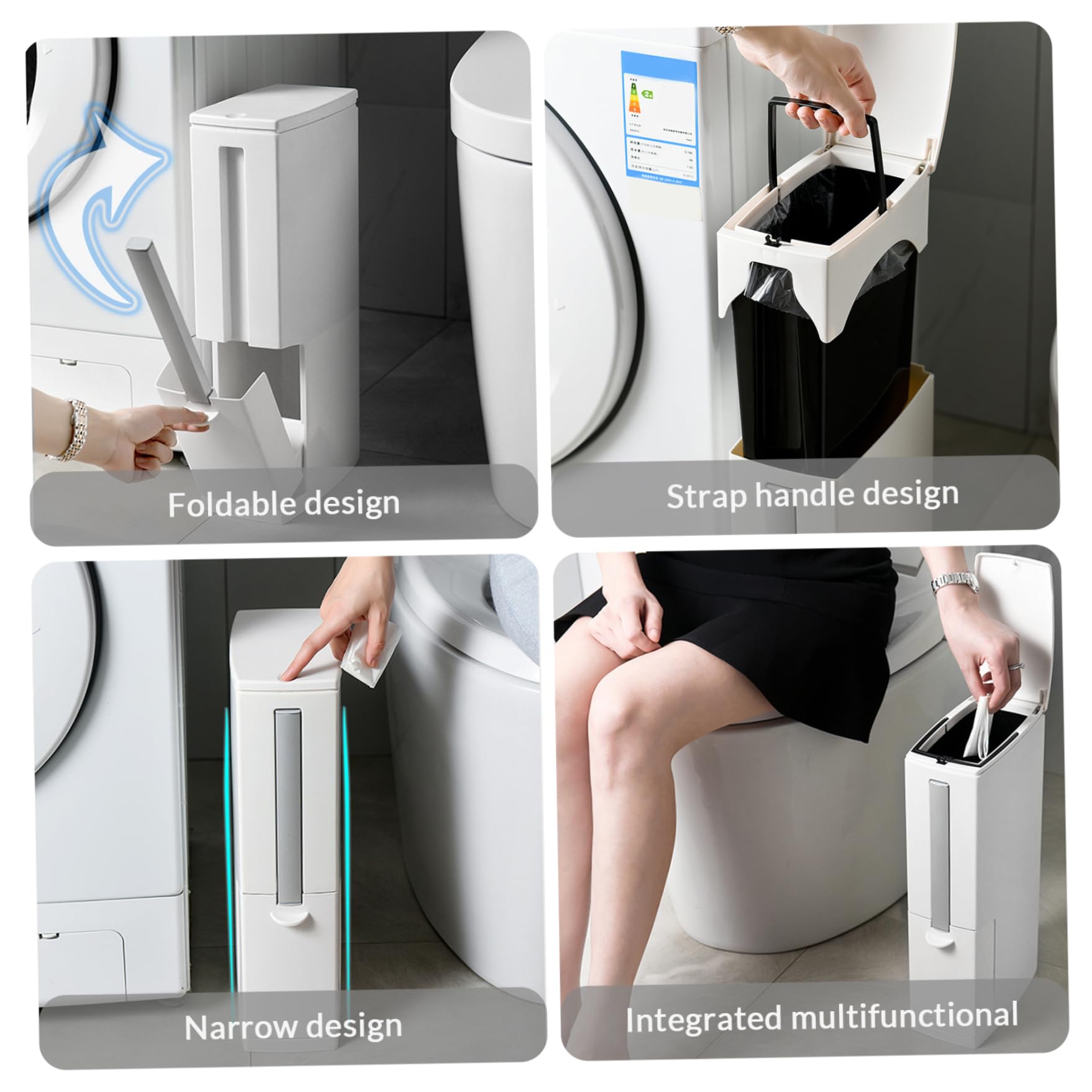 Schlanker weißer Badezimmer-Mülleimer mit WC-Bürstenhalter, platzsparend, rechteckiger Windeleimer für Zuhause, Küche und Badezimmer, Deckel zum Drücken zum Öffnen, 10,9 x 20,9 x 41,3 cm