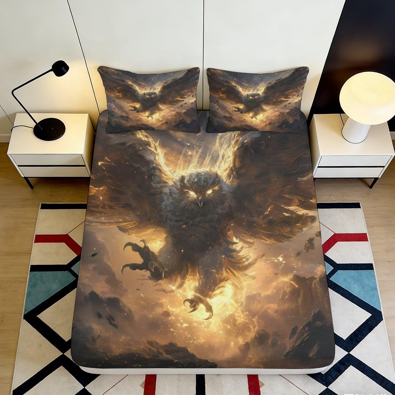 3D Printed Fiery Phoenix Fitted Sheet Microfiber Soft Non-Slip Fantasy Owl Mattress Cover Bedroom Dorm Protector 140x200x25cm