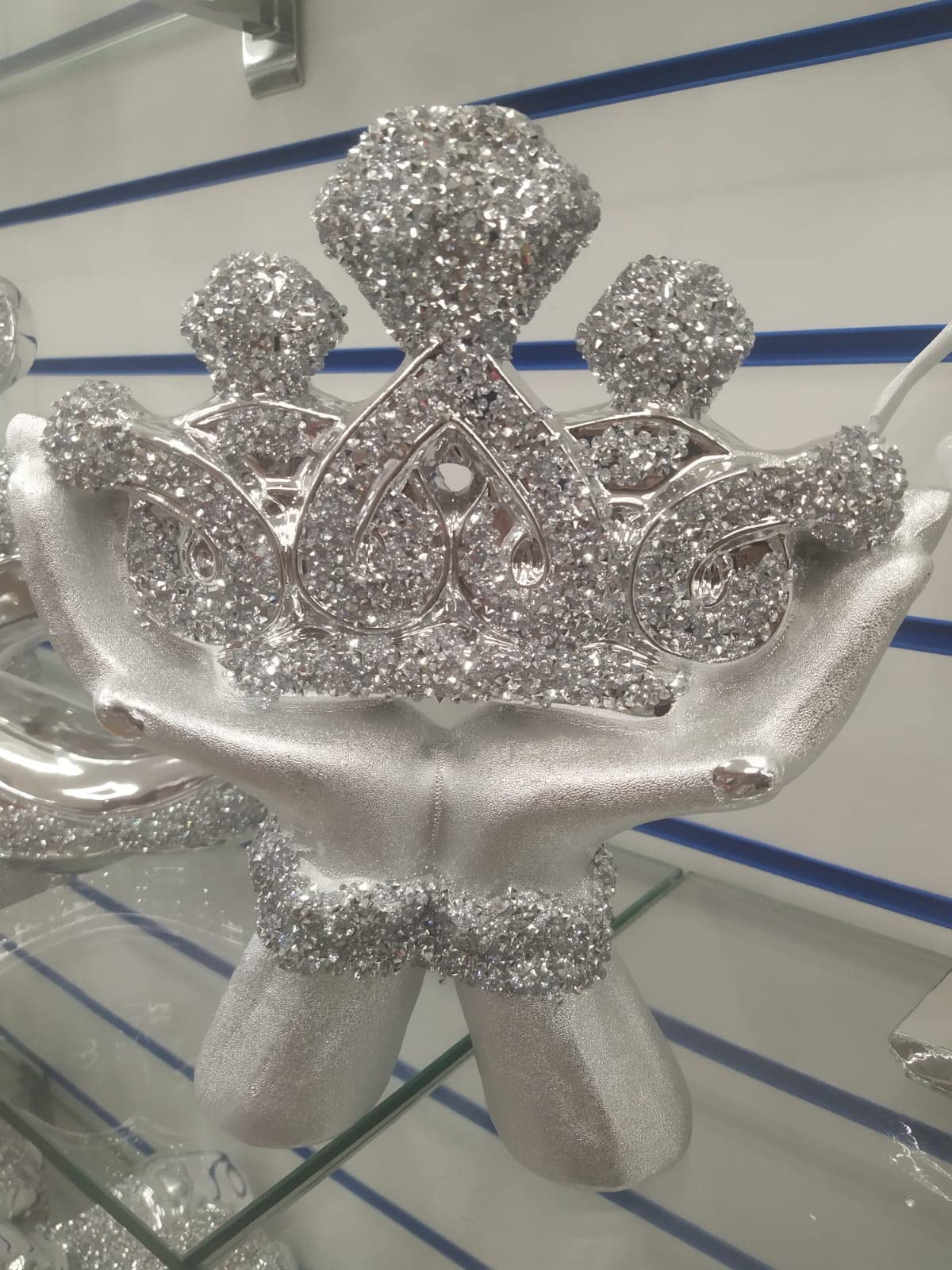 Biznest Crushed Diamond Crystal Silver Crown in Hands Figurine Ornament Home Décor Shelf Décor Table Decoration Best Option for Gift.