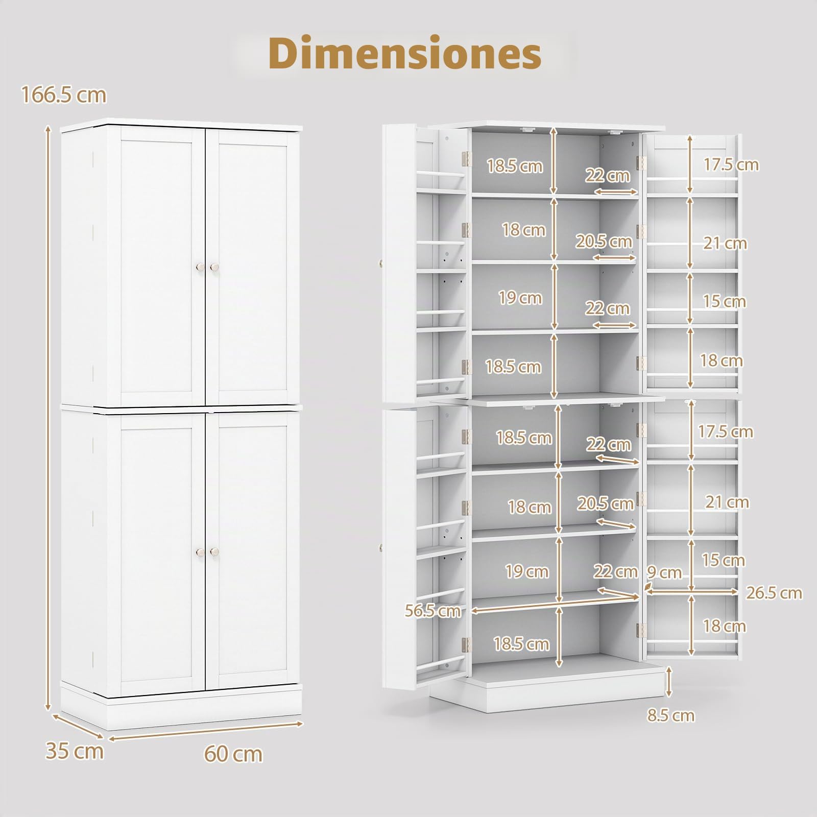 KOMFOTTEU Aparador de Cocina con 4 Puertas, Armario Despensa de 8 Niveles con Estantes Ajustables, Mueble de Almacenamiento con Kit Antivuelco para Sala de Estar, Comedor, 60 x 35 x 166,5 cm