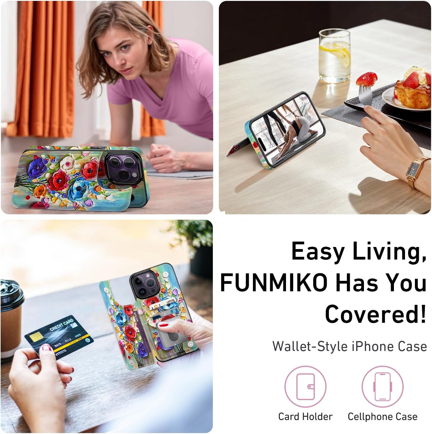 FUNMIKO for iPhone 14 Pro Wallet Case with Card Holder, RFID-Blocking, Military-Grade Drop Protection & Floral Animal Design, Magnetic Closure with Leather Kickstand - Abstract Flowers - Image 6