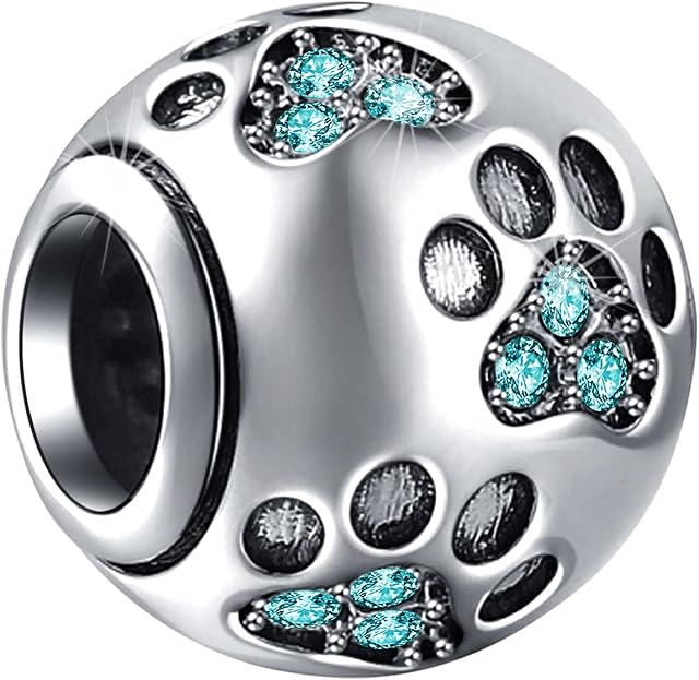 GLOWDAS Jan-Dec Birthstone Paw Print Charms fit European Bracelet Necklace, 925 Sterling Silver Pet Cat Dog Pawprint Heart Footprint Beads with Crystal Like Soccer Ball, Birthday Gifts for Women/Men