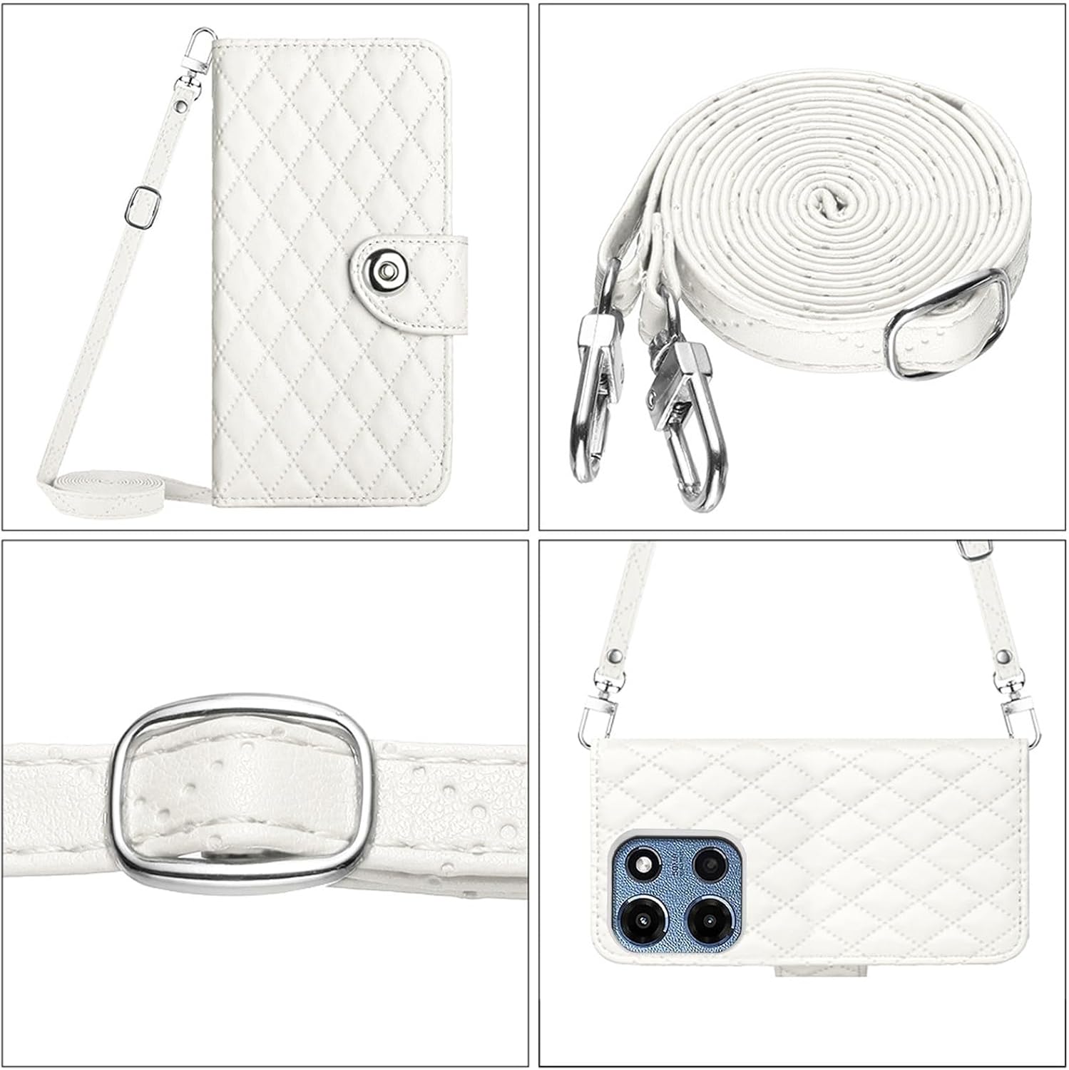 Wallet Case for Motorola Moto G 5G 2025 with Wrist Shoulder Strap, Argyle Pattern PU Leather Flip Card Holder Cell Phone Cover for G5G 5 G G5 Girls Women White