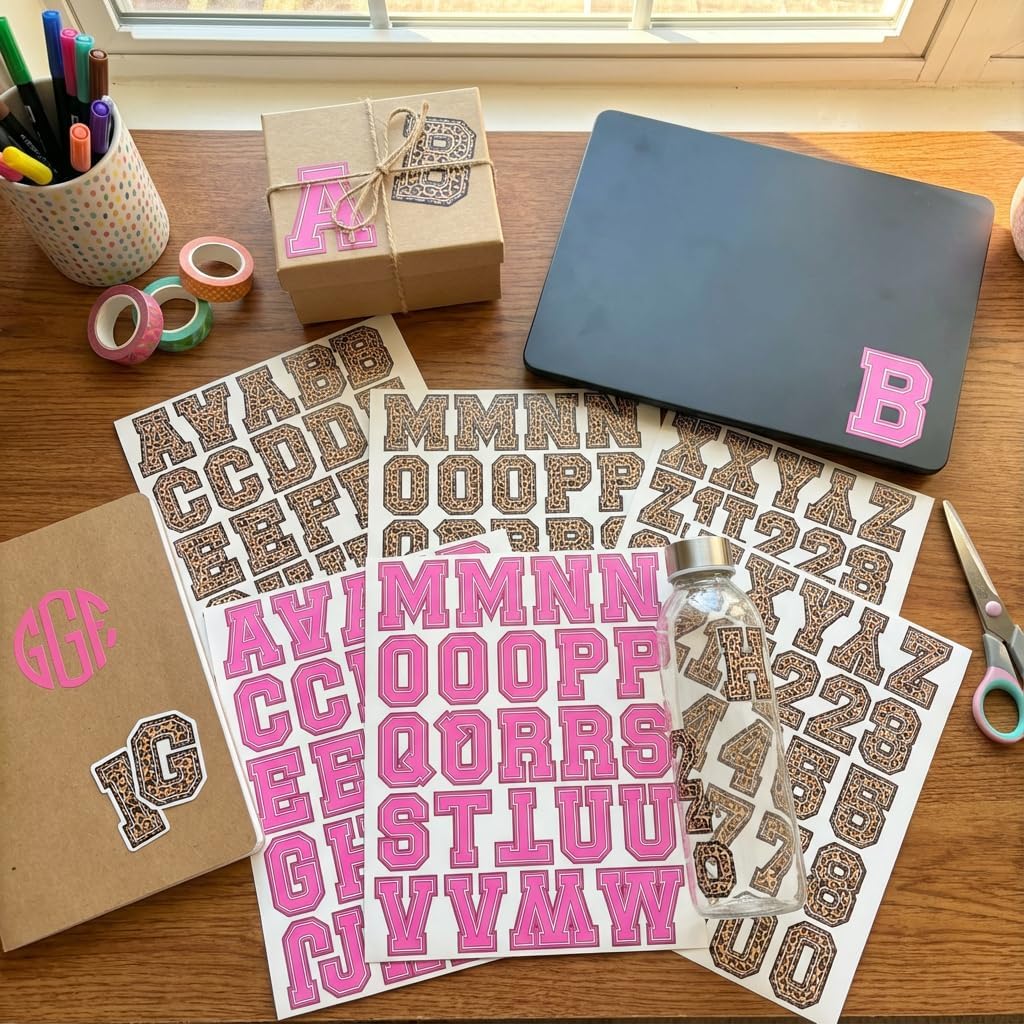 Pink Cheetah Varsity Alphabet Sticker Collection – 150+ Water-Resistant Vinyl Letter Decals, 2.4 Inch Tall for Arts, Crafts, Posters, Scrapbooks, and Personalization