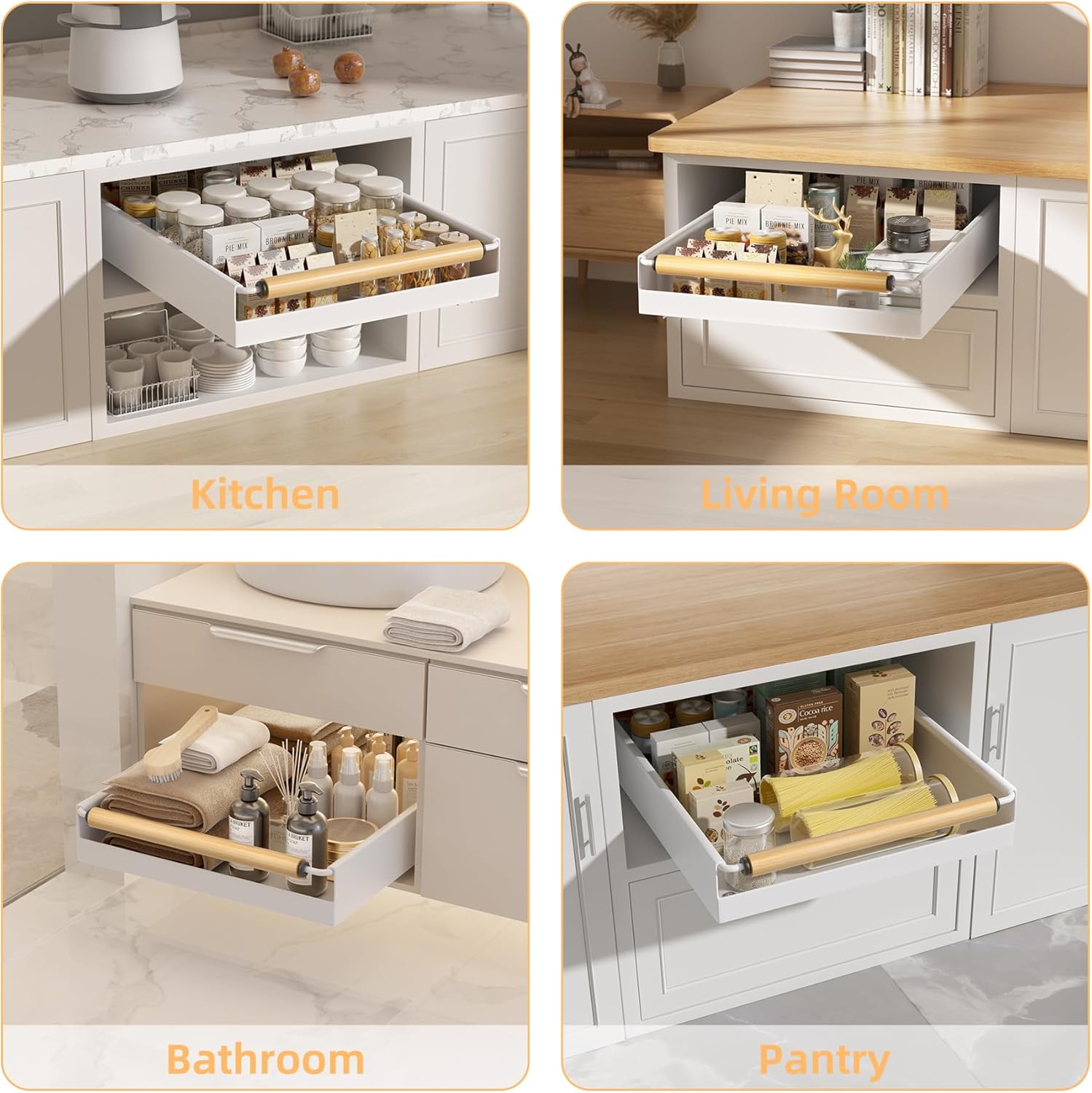 2 Pack Pull Out Cabinet Organizer, 15.3'' Deep Expandable Slide Out Cabinet Organizer Fixed with Adhesive Nano Film, Slide Out Drawers Pull Out Tray for Cabinet in Kitchen, Pantry, Bathroom, White