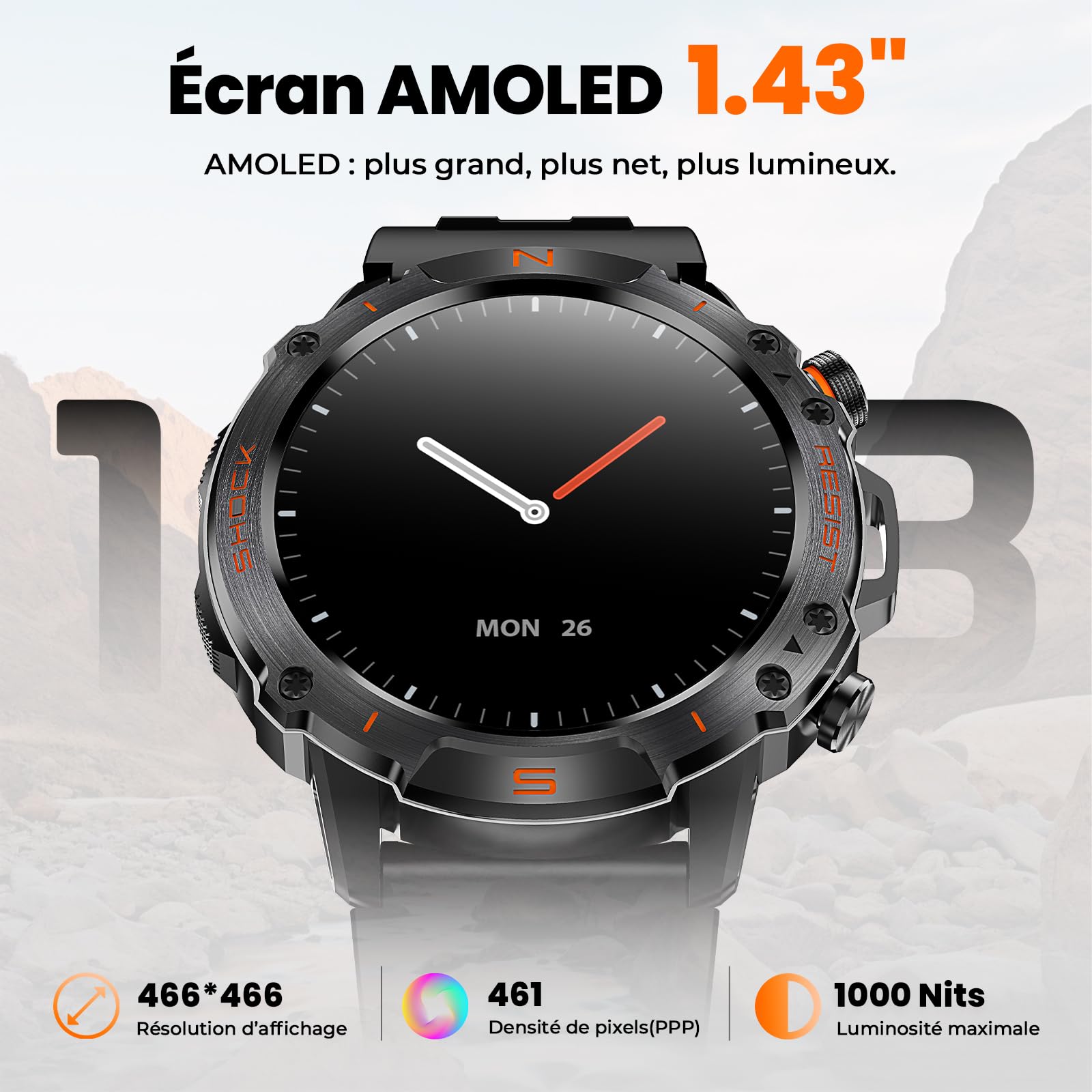 WalkerFit Montre Connectée Homme Outdoor, 1,43'' AMOLED Lisible au Soleil, Étanche 5ATM, Appels Bluetooth, Autonomie 60 Jours, Boussole, 170+ Modes Sport, Smartwatch Android/iOS (Noir)