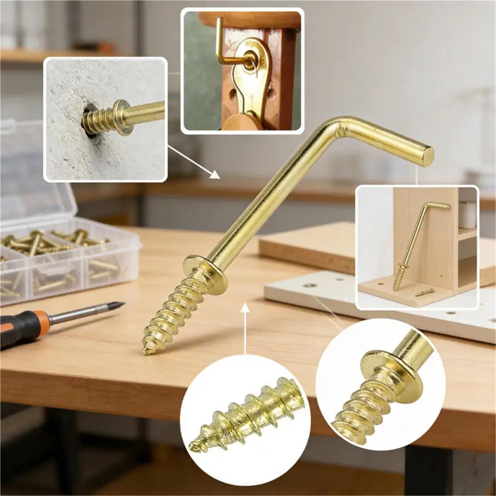 Ganchos En L De Tornillo 50/30/10pcs0mm 38mm 42mm 53mm ganchos de tornillo en forma L 2 autorroscantes ángulo recto dorado for colgar(Length 42mm,50Pcs)