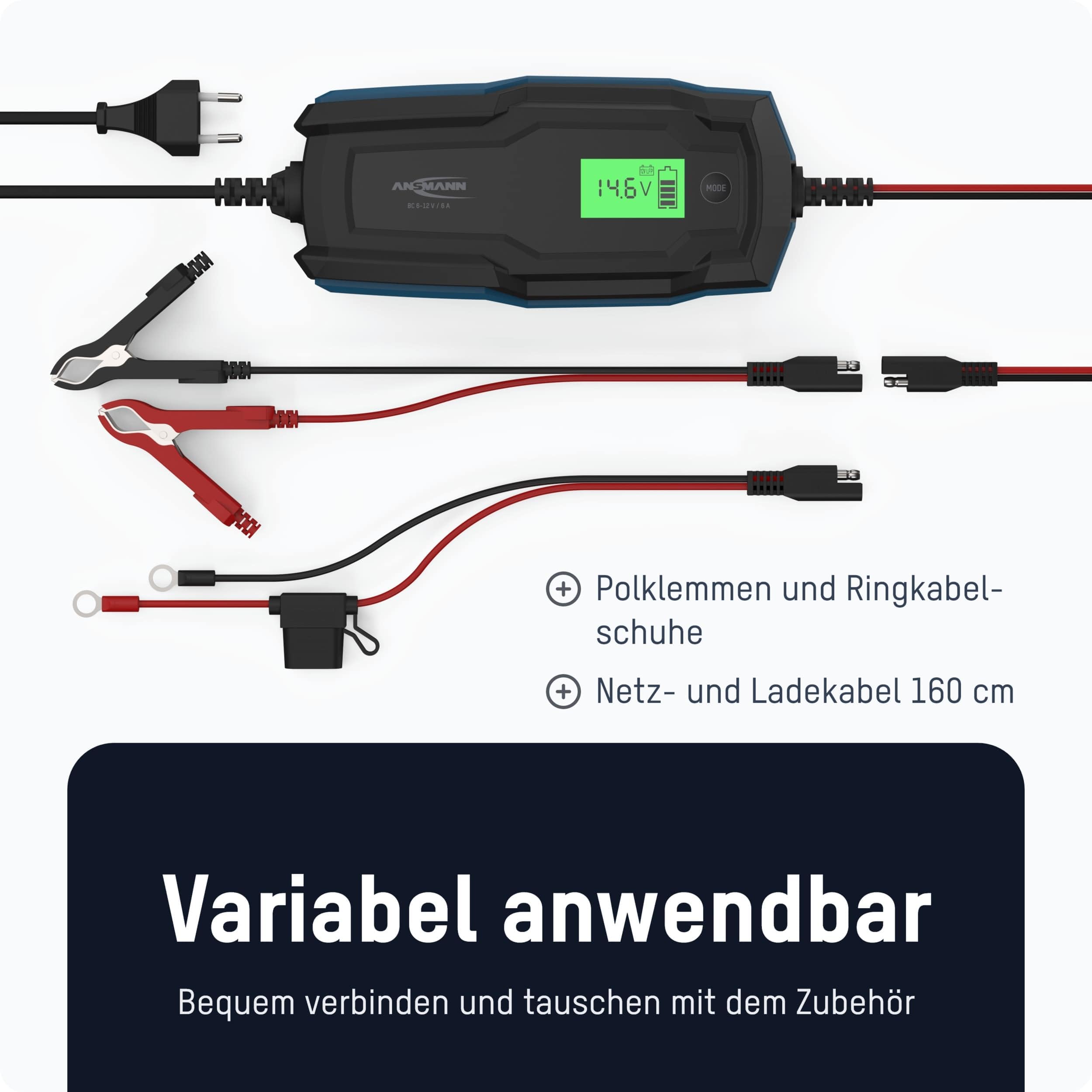 ANSMANN Cargador Inteligente de 10 Pasos 6 V 12 V/6 A con Pantalla LCD para baterías Plomo-Acido, Plomo-Gel y Plomo-Lies, así como baterías de 12 V LiFePo4 para Coche, Moto y Furgoneta